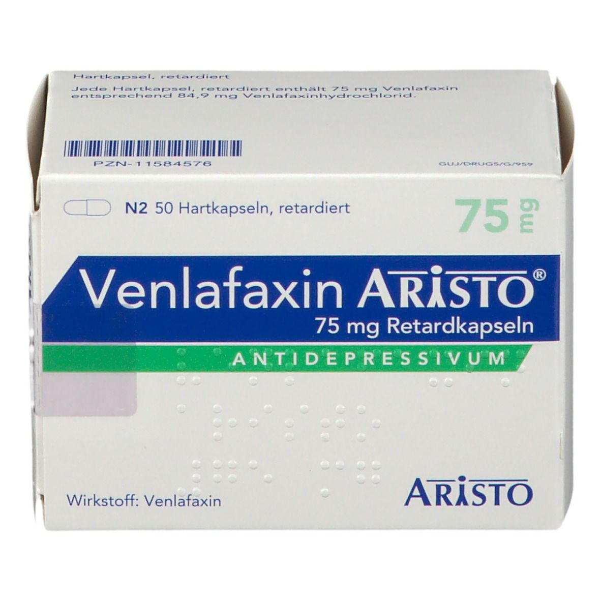 Schachtel Venlafaxin Aristo 75 mg. Weiß, blau, grün. Text: 75 mg Retardkapseln, Antidepressivum. Aristo Logo.