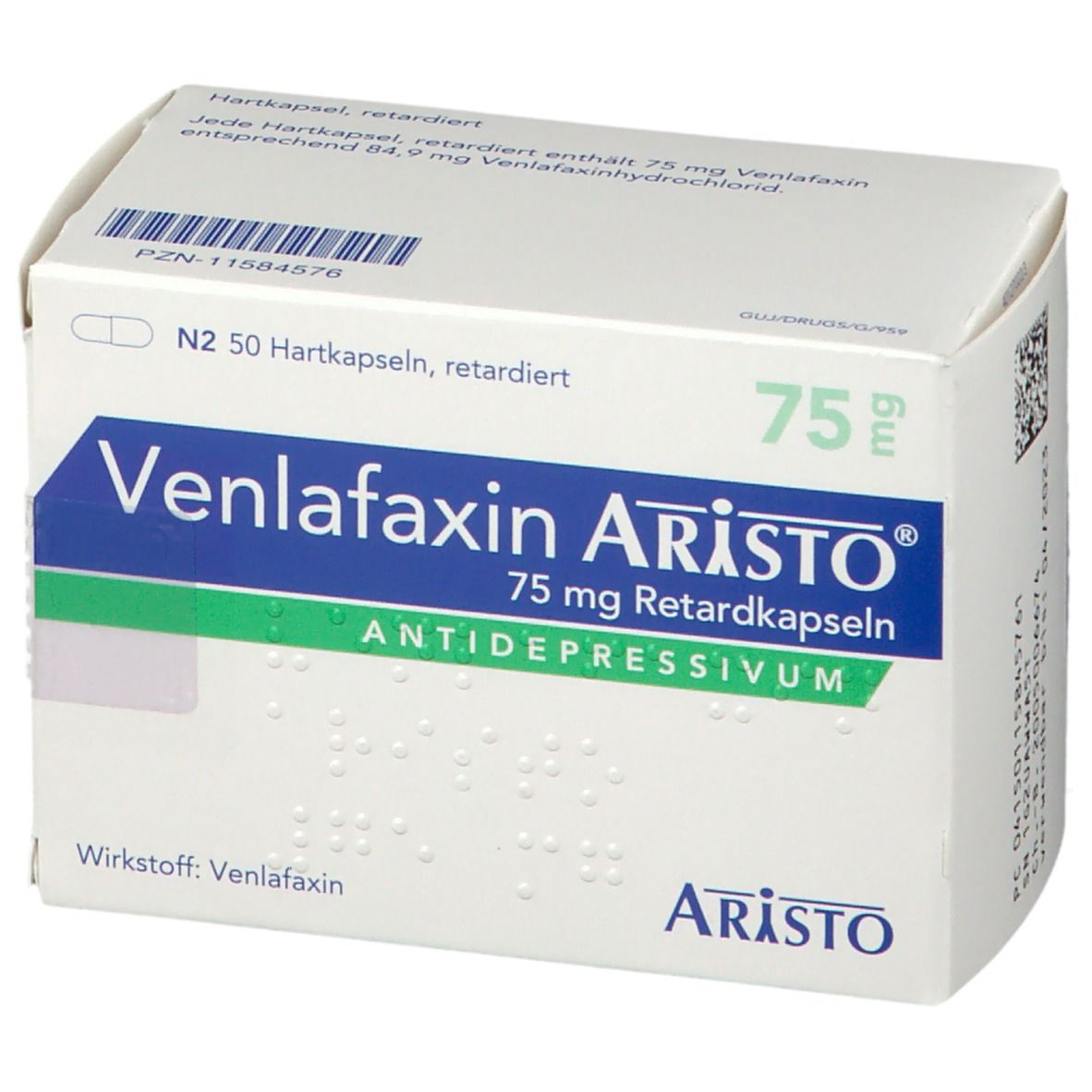 Schachtel Venlafaxin Aristo 75 mg. Weiß, blau, grün. Text: 75 mg Retardkapseln, Antidepressivum. Aristo Logo.