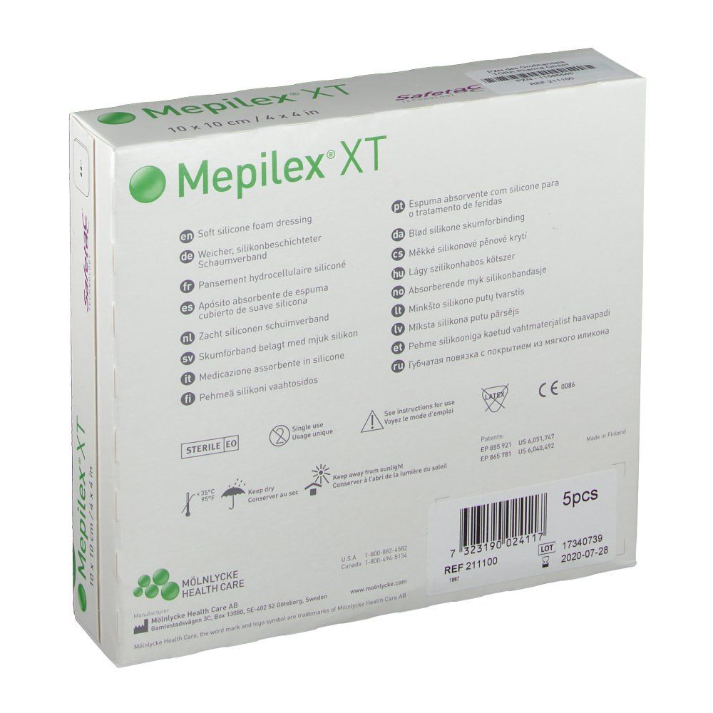 Rückseite der Mepilex® XT Verpackung. Text in mehreren Sprachen, Produktinformationen und Chargennummer.