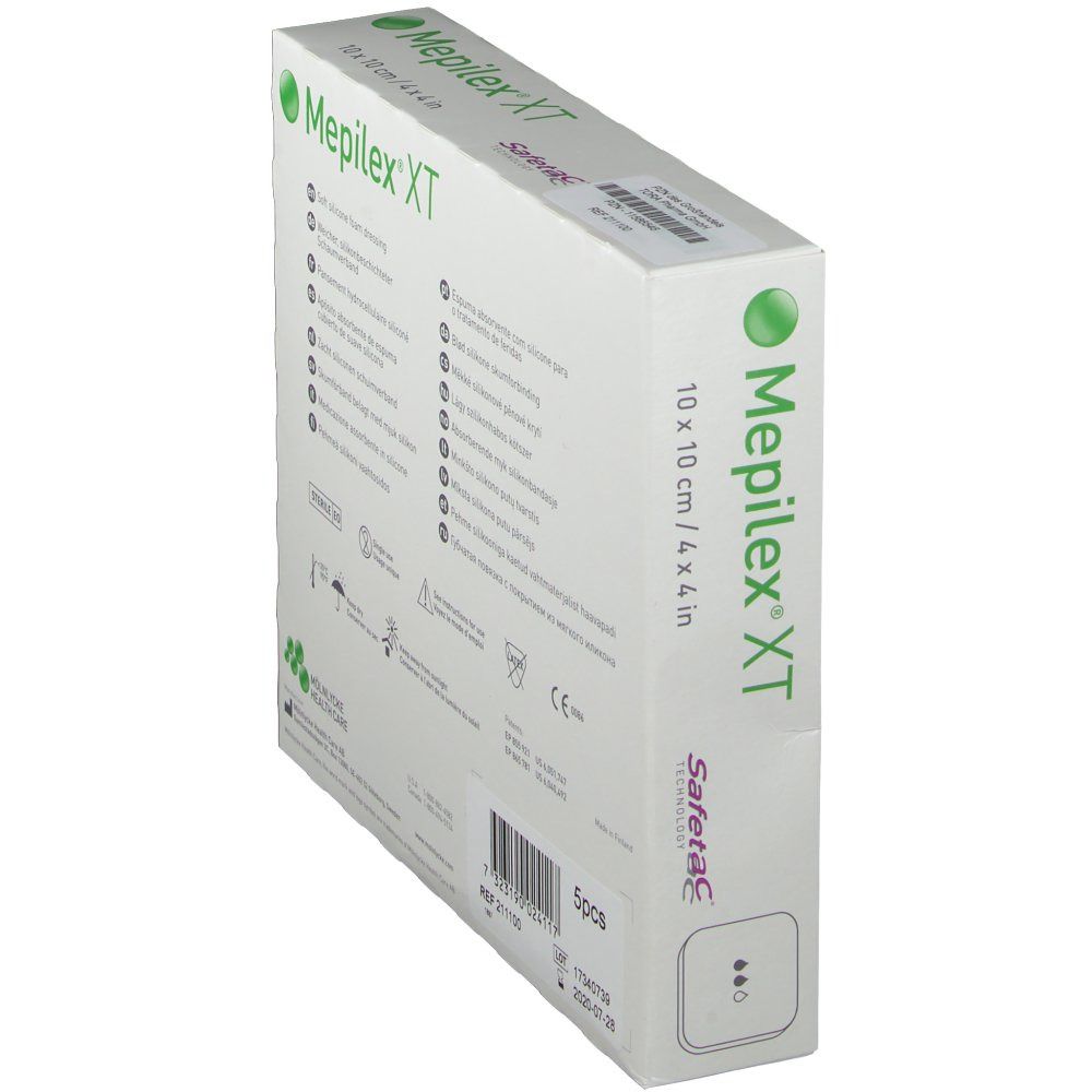 Mepilex® XT Verpackung. Aufdruck mit Produktnamen, Größe und Safetac-Technologie. 5 Stück.