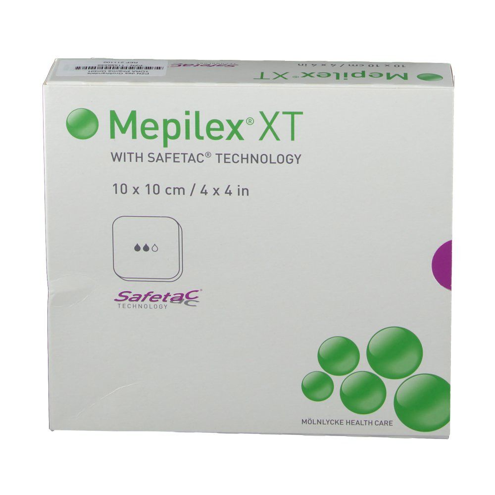 Vorderseite der Mepilex® XT Verpackung. Produktname, Größe und Safetac-Technologie sind sichtbar.