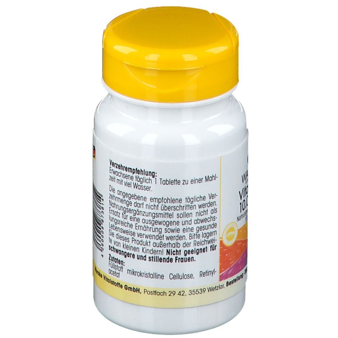 Rückseite der Tablettenflasche. Text in mehreren Sprachen. Barcode und Warnhinweise. Hergestellt in Deutschland.