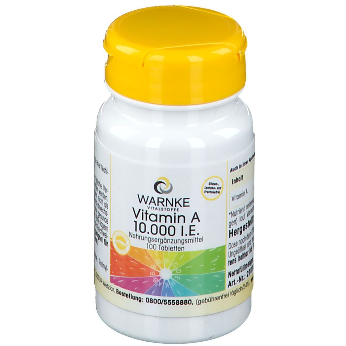 Weißes Tabletten-Fläschchen mit gelbem Deckel. Aufschrift: WARNKE, Vitamin A 10.000 I.E., 100 Tabletten. Farbiger Aufkleber.