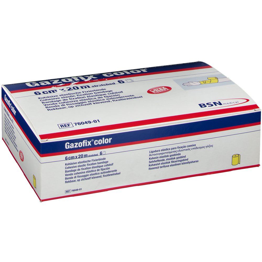 Verpackung von Gazofix color Fixierbinde. Aufschrift: 6 cm x 20 m, gelb. Rote und blaue Streifen. BSN medical Logo.