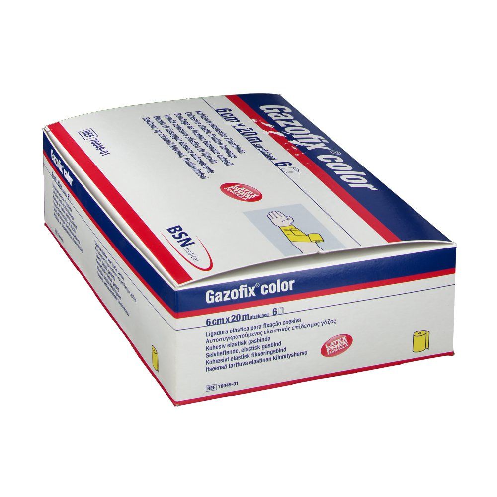 Gazofix color Verpackung. Aufschrift: 6 cm x 20 m, gelb. Rote und blaue Streifen. BSN medical Logo. Latex-frei.