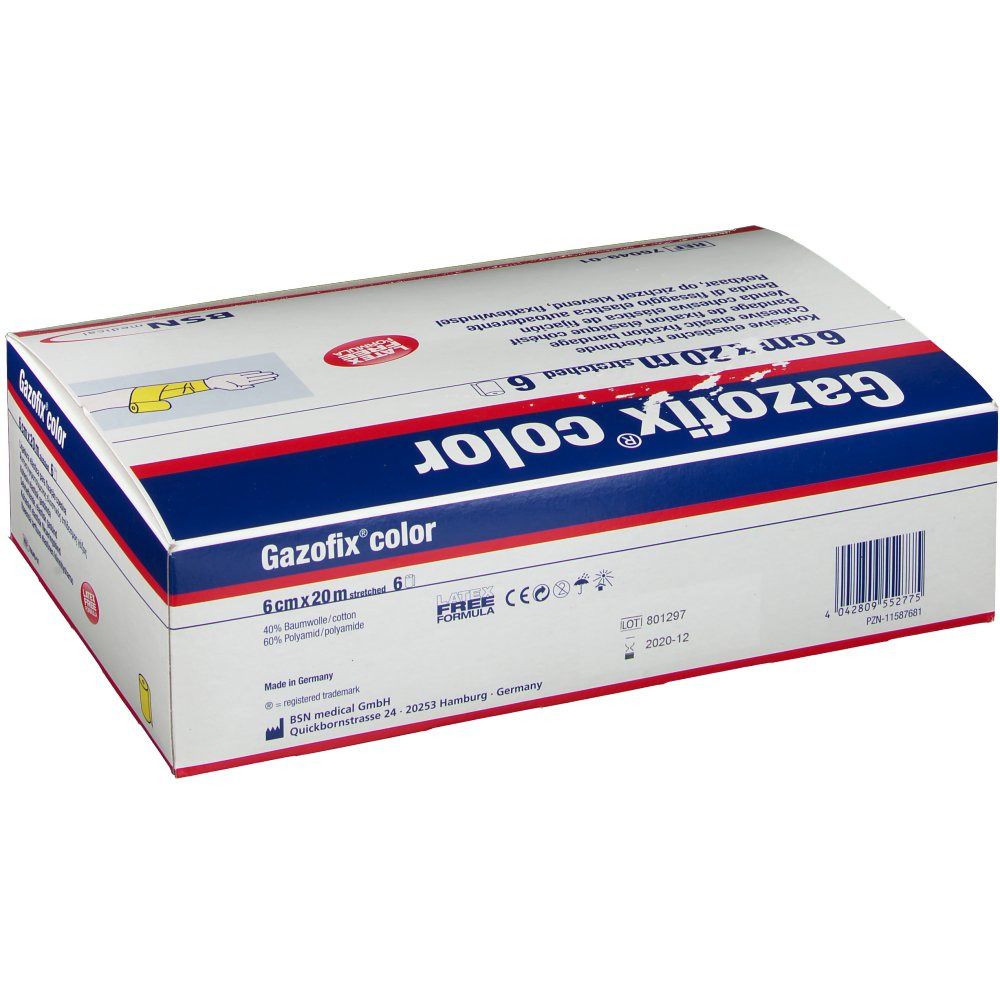 Gazofix color Verpackung. Aufschrift: 6 cm x 20 m, gelb. Rote und blaue Streifen. BSN medical Logo. CE-Kennzeichnung.