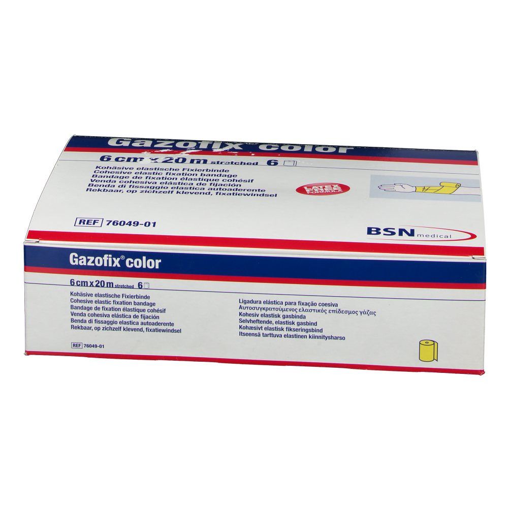 Gazofix color Verpackung. Aufschrift: 6 cm x 20 m, gelb. Rote und blaue Streifen. BSN medical Logo. Latex-frei.