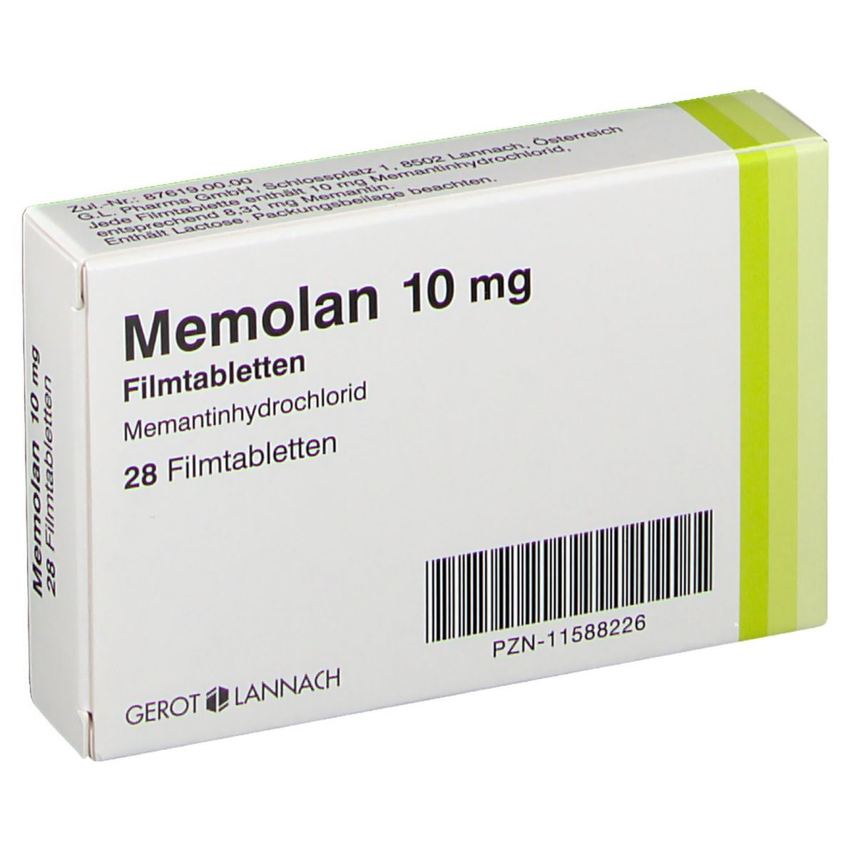Schachtel "Memolan 10 mg" mit 28 Filmtabletten. Weiße Schachtel mit grünen Akzenten. Text in deutscher Sprache.