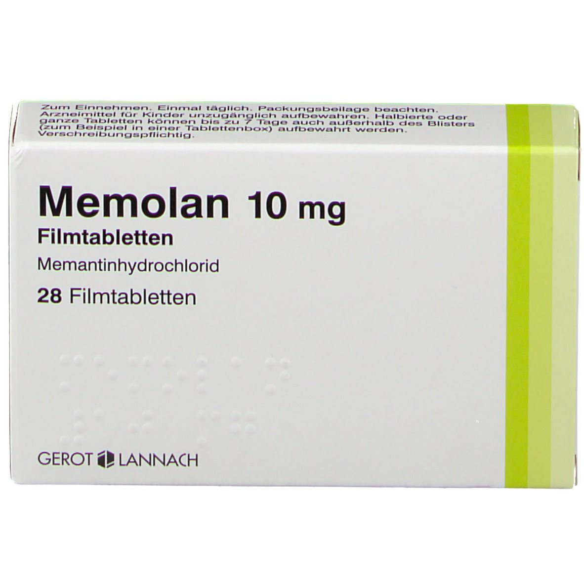 Schachtel "Memolan 10 mg" mit 28 Filmtabletten. Weiße Schachtel mit grünen Akzenten. Text in deutscher Sprache.