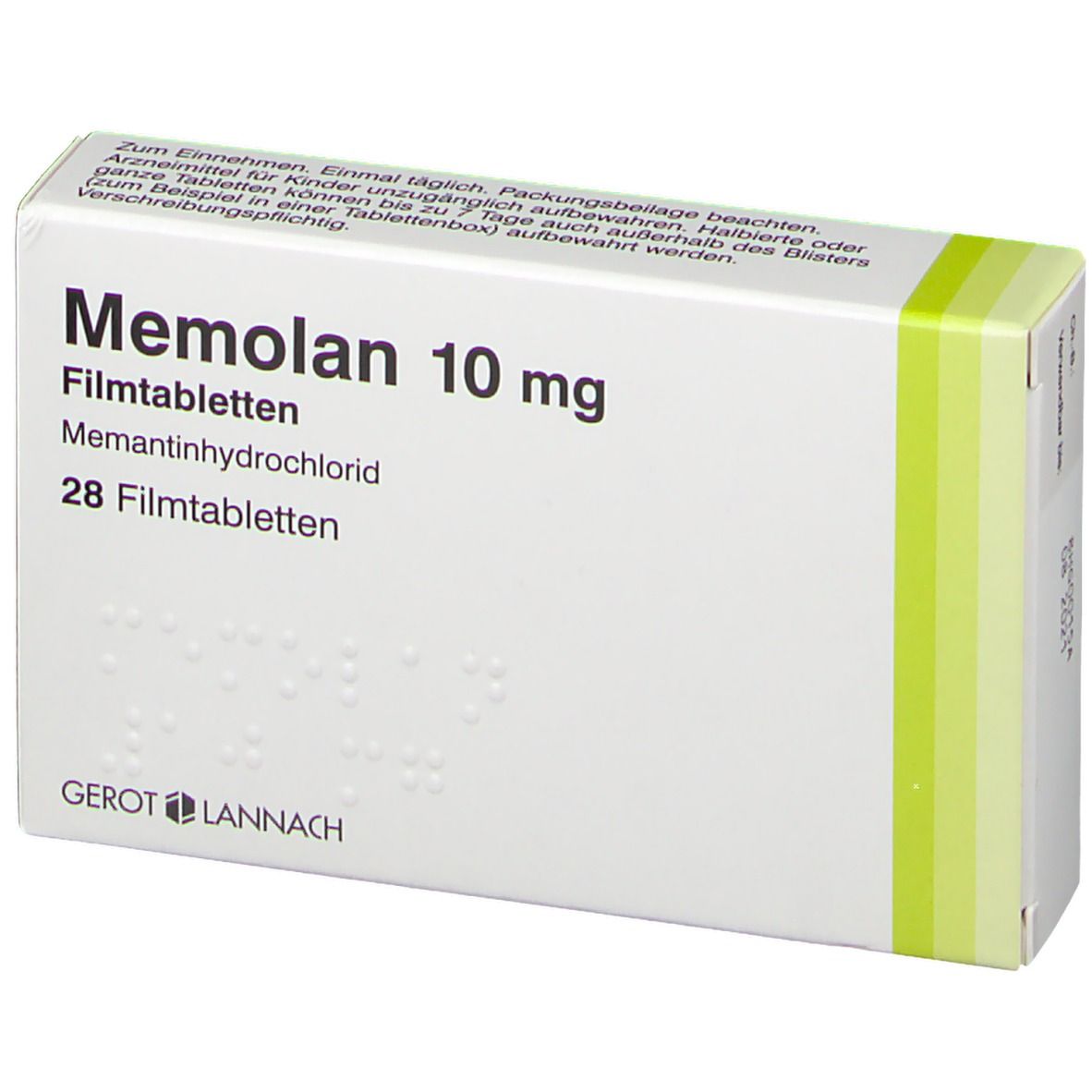 Schachtel "Memolan 10 mg" mit 28 Filmtabletten. Weiße Schachtel mit grünen Akzenten. Text in deutscher Sprache.