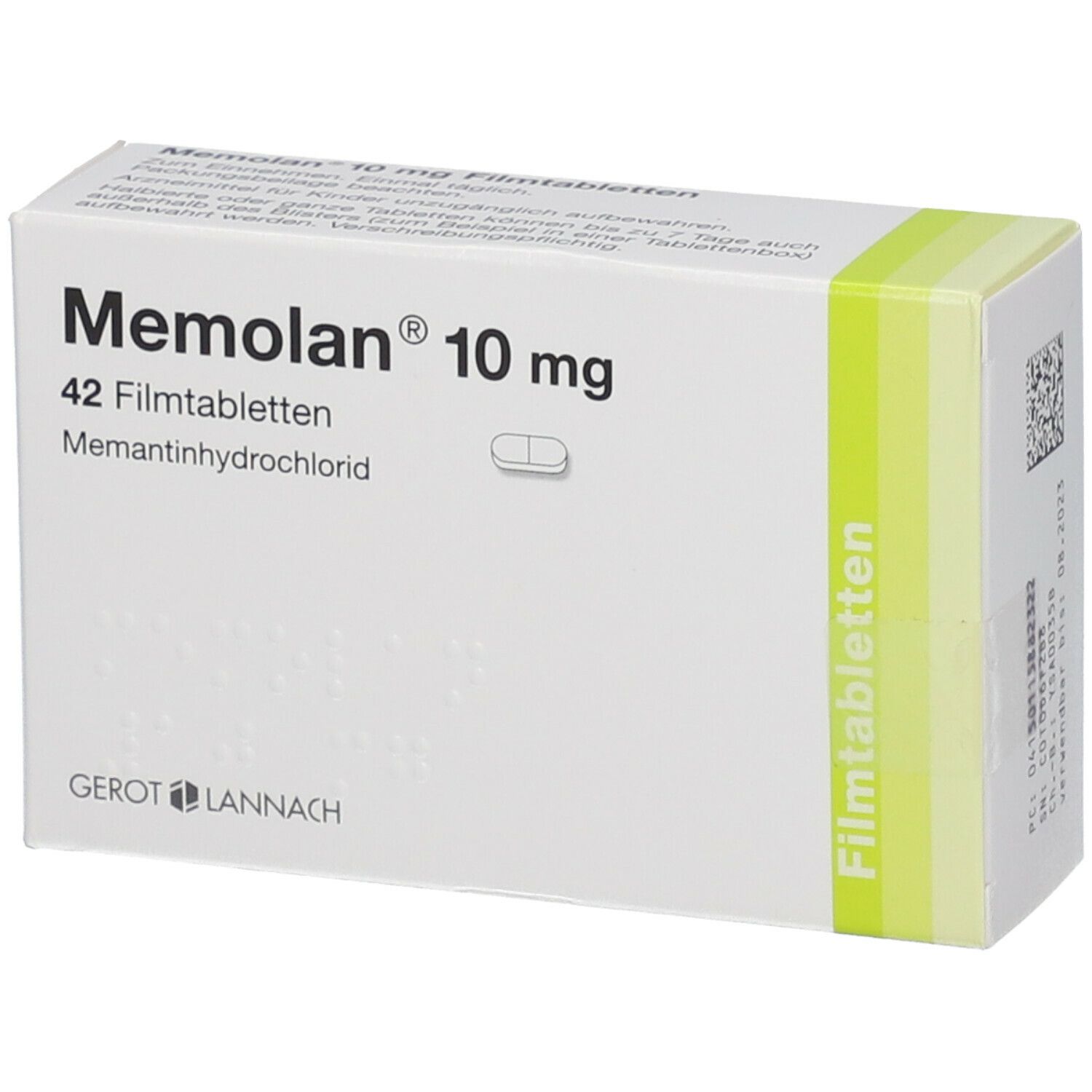 Schachtel mit "Memolan 10 mg". Enthält 42 Filmtabletten. Aufdruck: Memantinhydrochlorid. Grün-weiße Farbgebung.
