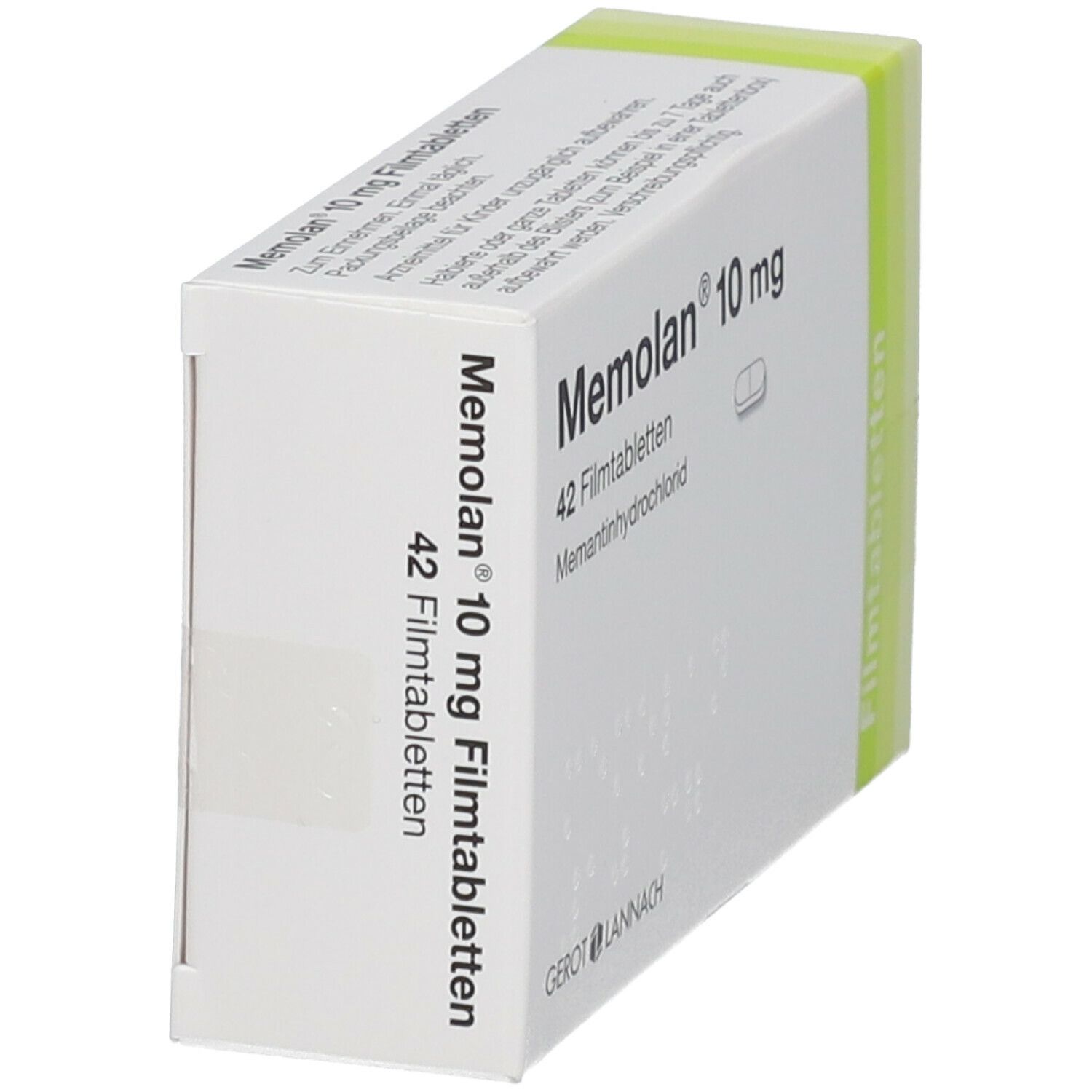 Schachtel "Memolan 10 mg" in Schrägansicht. Aufdruck: 42 Filmtabletten, Memantinhydrochlorid. Grün-weiße Farbgebung.