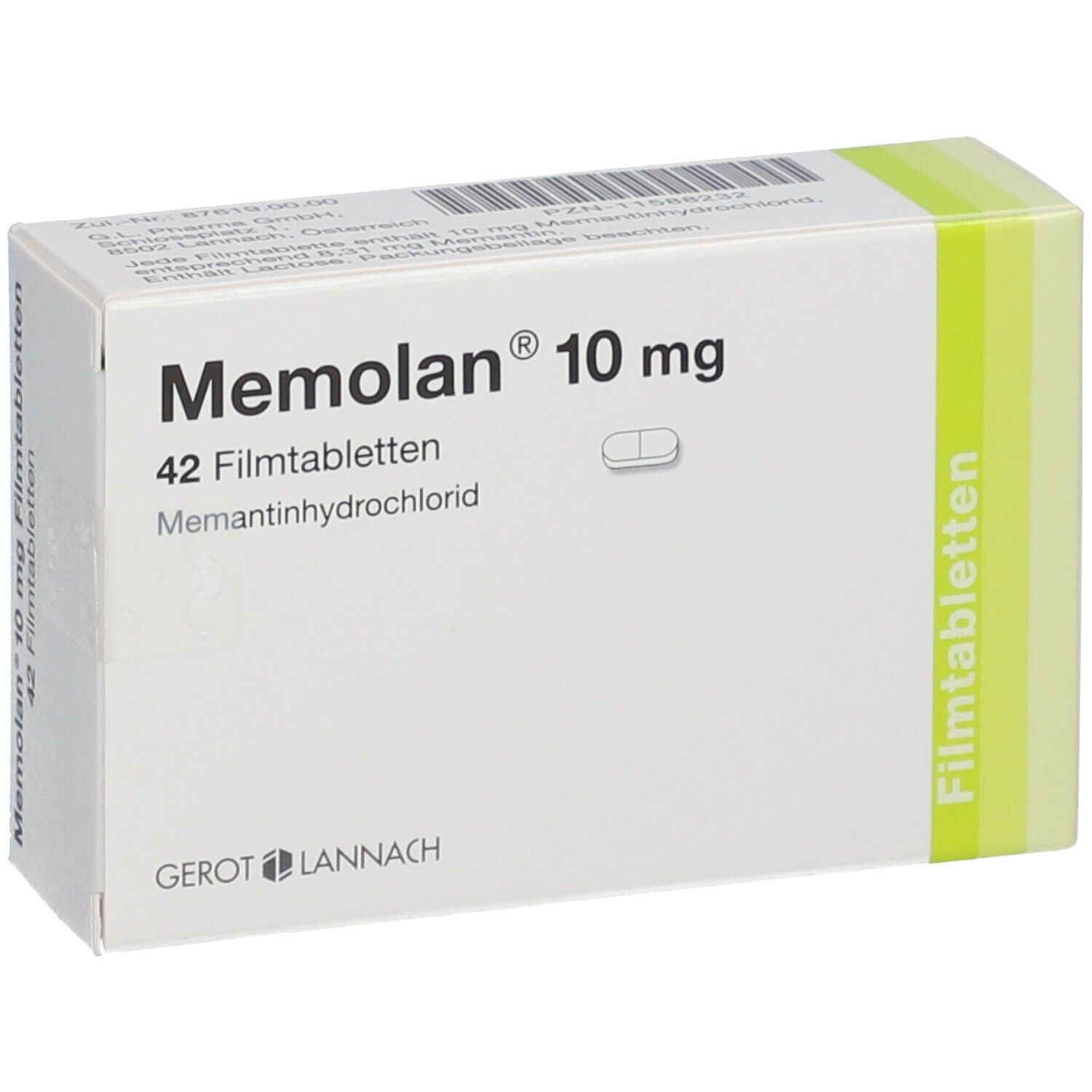 Schachtel mit "Memolan 10 mg". Enthält 42 Filmtabletten. Aufdruck: Memantinhydrochlorid. Grün-weiße Farbgebung.