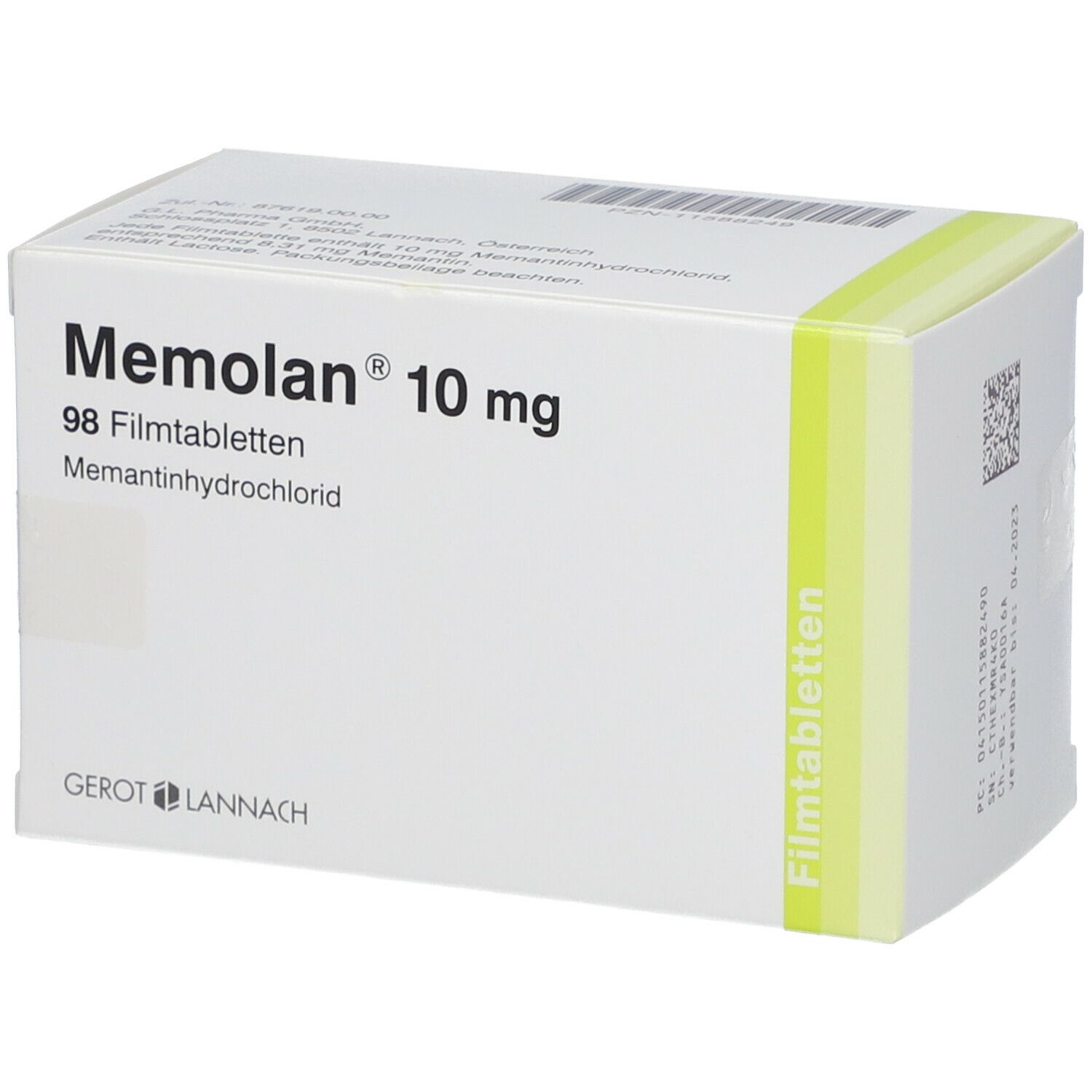 Weiße Schachtel mit Memolan 10 mg, 98 Filmtabletten. Hersteller: GEROT LANNACH. Grüne Akzente. Produktverpackung.