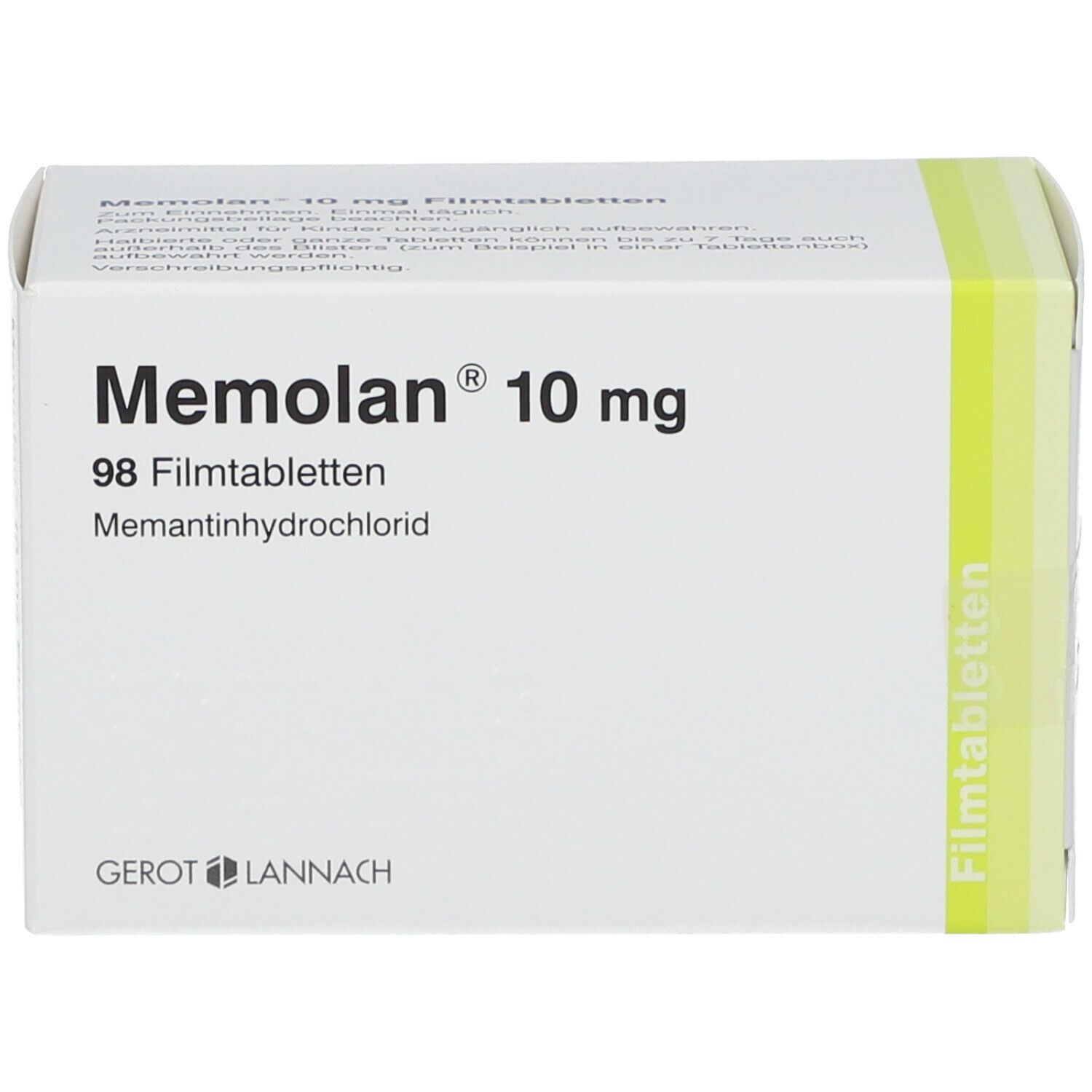 Weiße Schachtel mit Memolan 10 mg, 98 Filmtabletten. Hersteller: GEROT LANNACH. Produktverpackung. Text auf Deutsch.