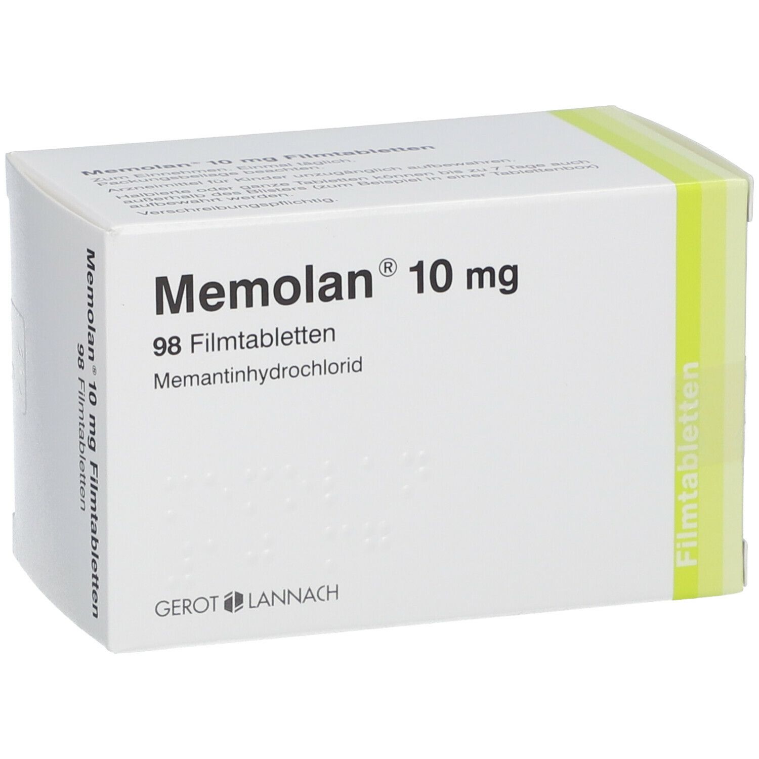 Schachtel mit Memolan 10 mg, 98 Filmtabletten. Weiße Verpackung mit grünen Akzenten. Hersteller: GEROT LANNACH.