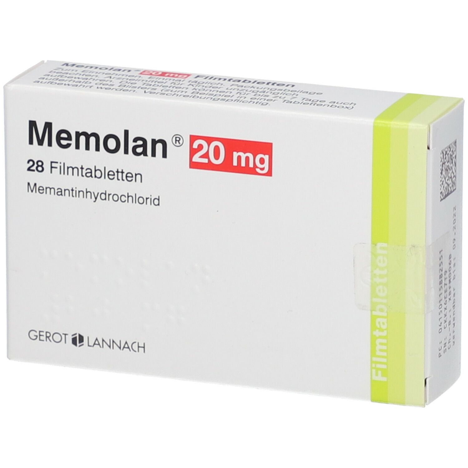 Weiße Schachtel mit rotem Akzent. Aufschrift: Memolan 20 mg, 28 Filmtabletten. Hersteller: Gerot Lannach.