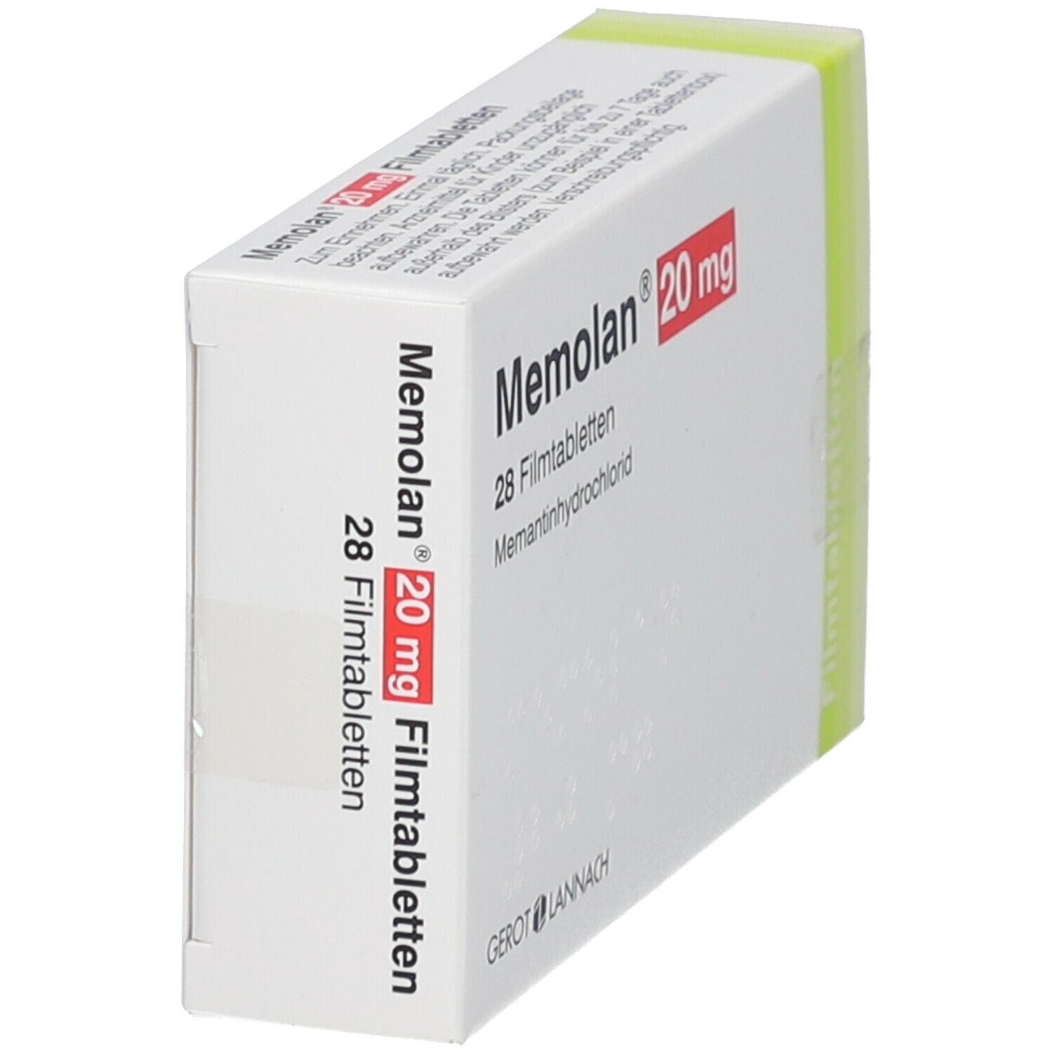 Schachtel mit Memolan 20 mg, 28 Filmtabletten. Weiße Verpackung mit rotem Akzent. Hersteller: Gerot Lannach.