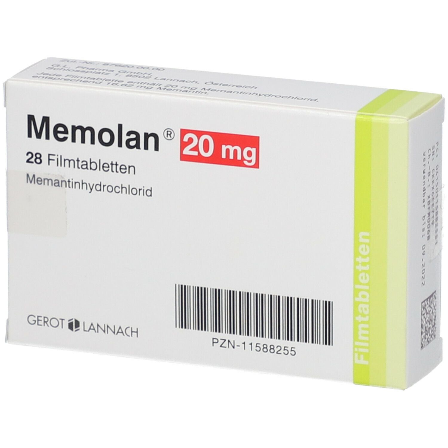 Weiße Schachtel mit rotem Akzent. Aufschrift: Memolan 20 mg, 28 Filmtabletten. Hersteller: Gerot Lannach. PZN-11588255.