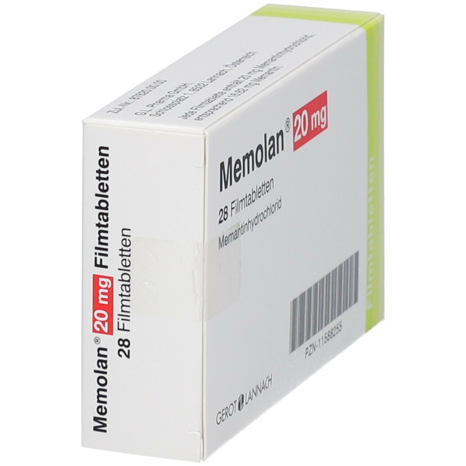 Schachtel mit Memolan 20 mg, 28 Filmtabletten. Weiße Verpackung mit rotem Akzent. Hersteller: Gerot Lannach. PZN-11588255.