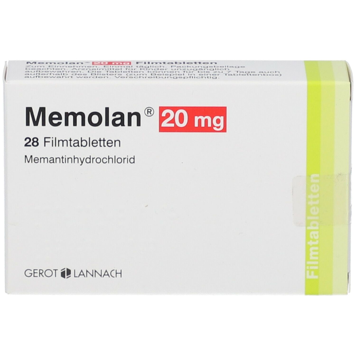 Weiße Schachtel mit rotem Akzent. Aufschrift: Memolan 20 mg, 28 Filmtabletten. Hersteller: Gerot Lannach.