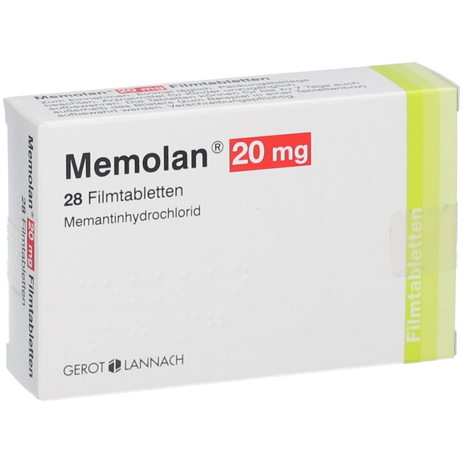 Schachtel mit Memolan 20 mg, 28 Filmtabletten. Weiße Verpackung mit rotem Akzent. Hersteller: Gerot Lannach.