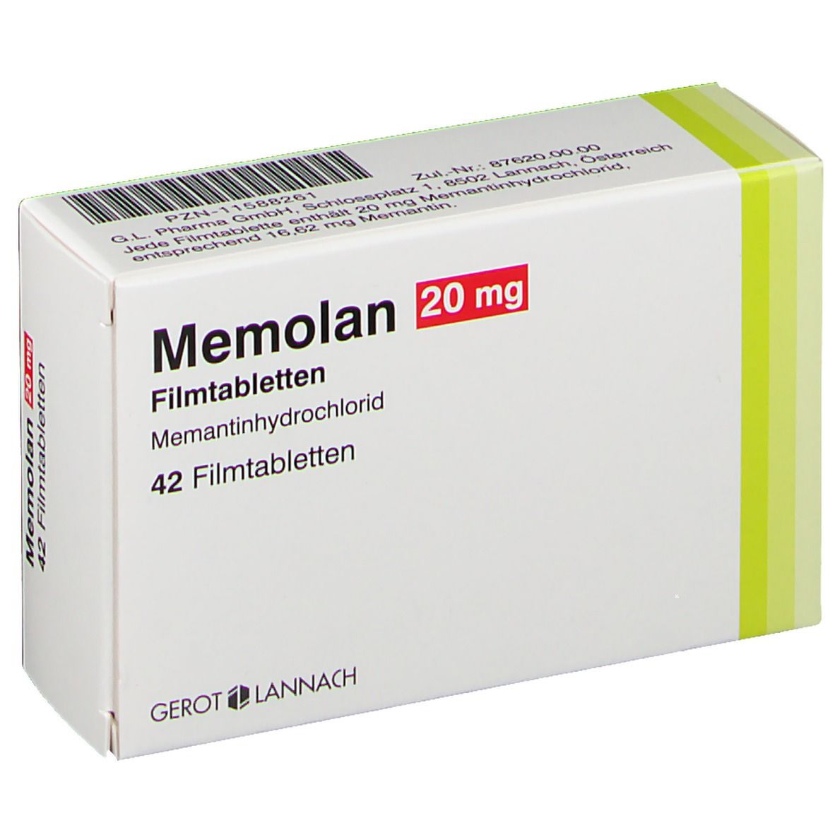 Schachtel mit "Memolan 20 mg" Filmtabletten. Enthält 42 Tabletten. Gerot Lannach Logo.
