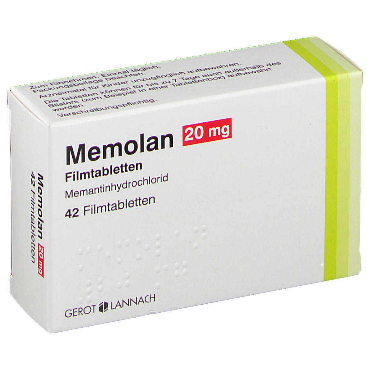 Schachtel mit "Memolan 20 mg" Filmtabletten. Enthält 42 Tabletten. Gerot Lannach Logo.