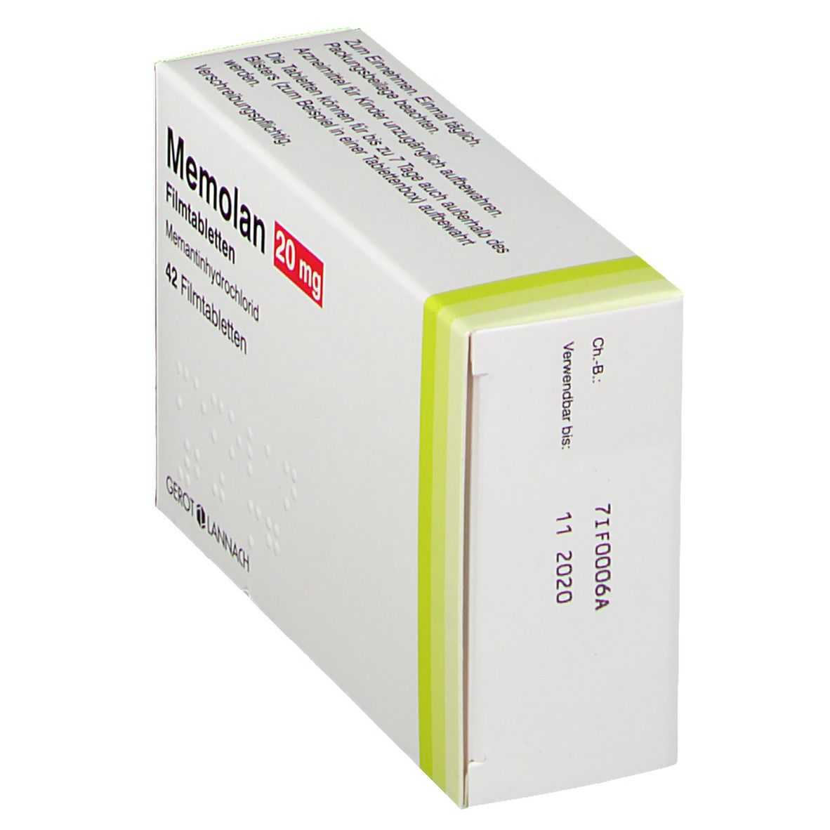 Schachtel "Memolan 20 mg". Seitenansicht mit Barcode und Verfallsdatum: 11 2020.