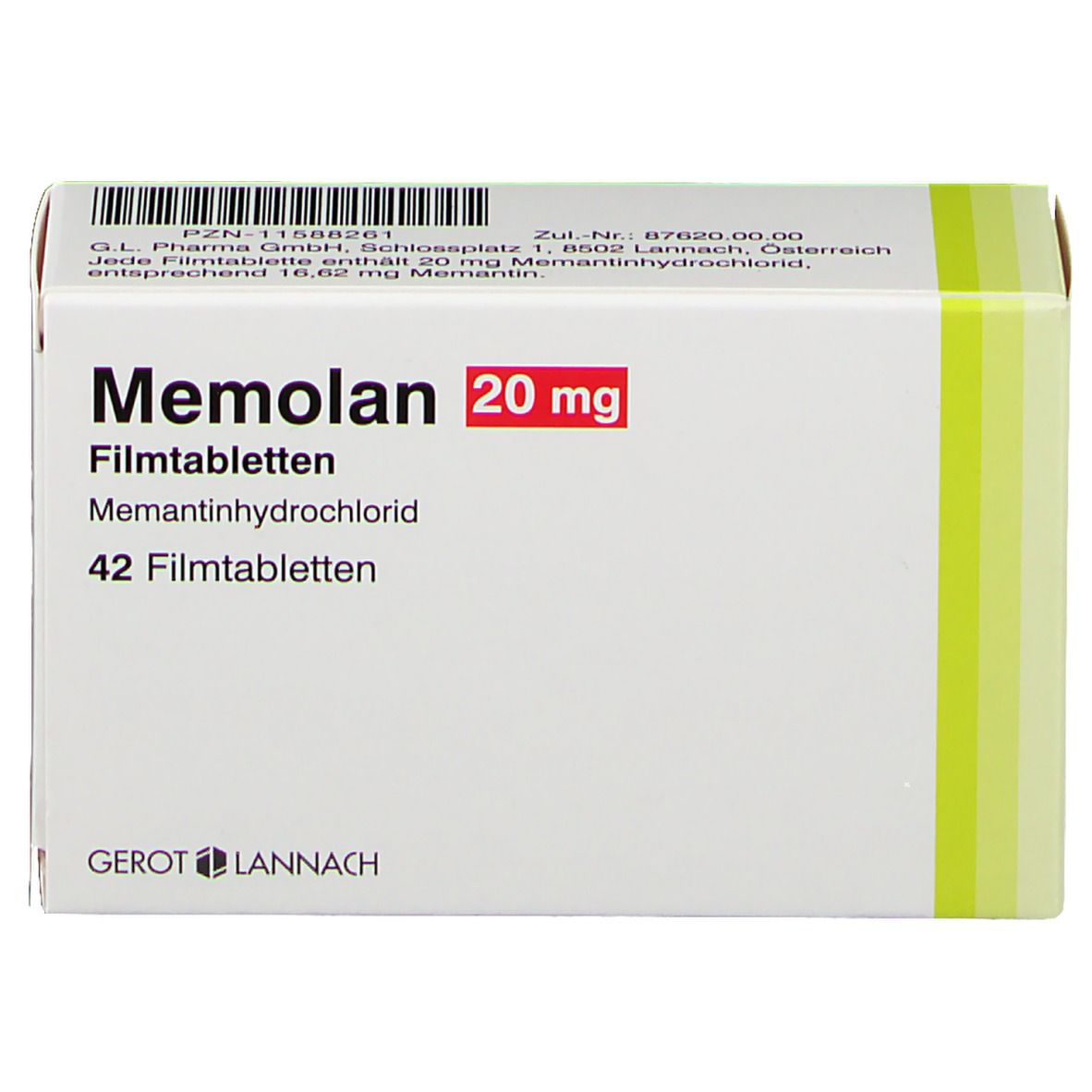 Schachtel mit "Memolan 20 mg" Filmtabletten. Enthält 42 Tabletten. Gerot Lannach Logo.