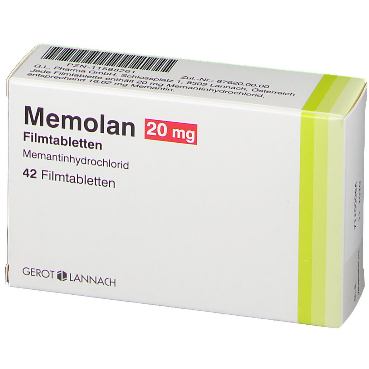 Schachtel mit "Memolan 20 mg" Filmtabletten. Enthält 42 Tabletten. Gerot Lannach Logo.