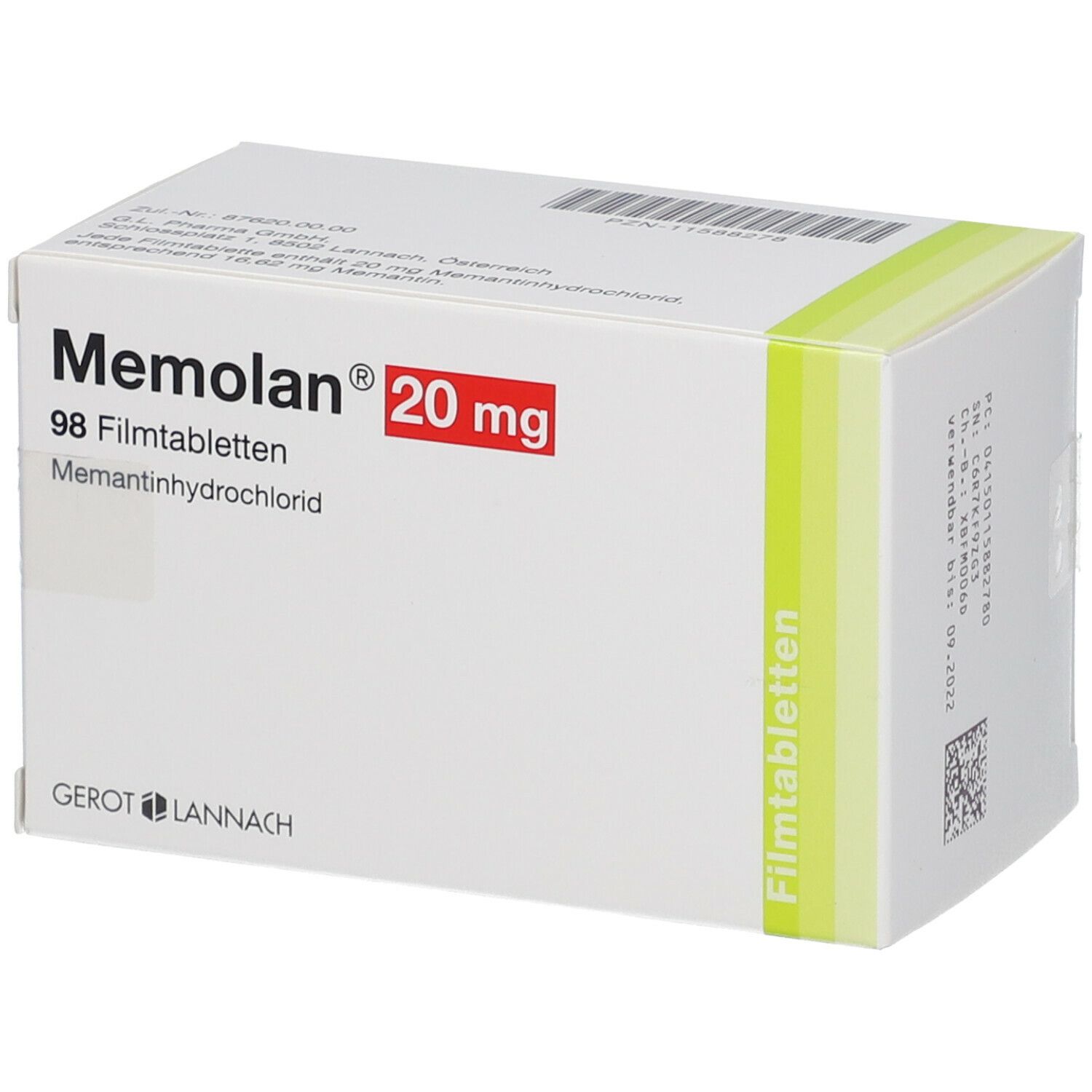 Weiße Schachtel mit Aufschrift Memolan 20 mg. Enthält 98 Filmtabletten. Gerot Lannach Logo.