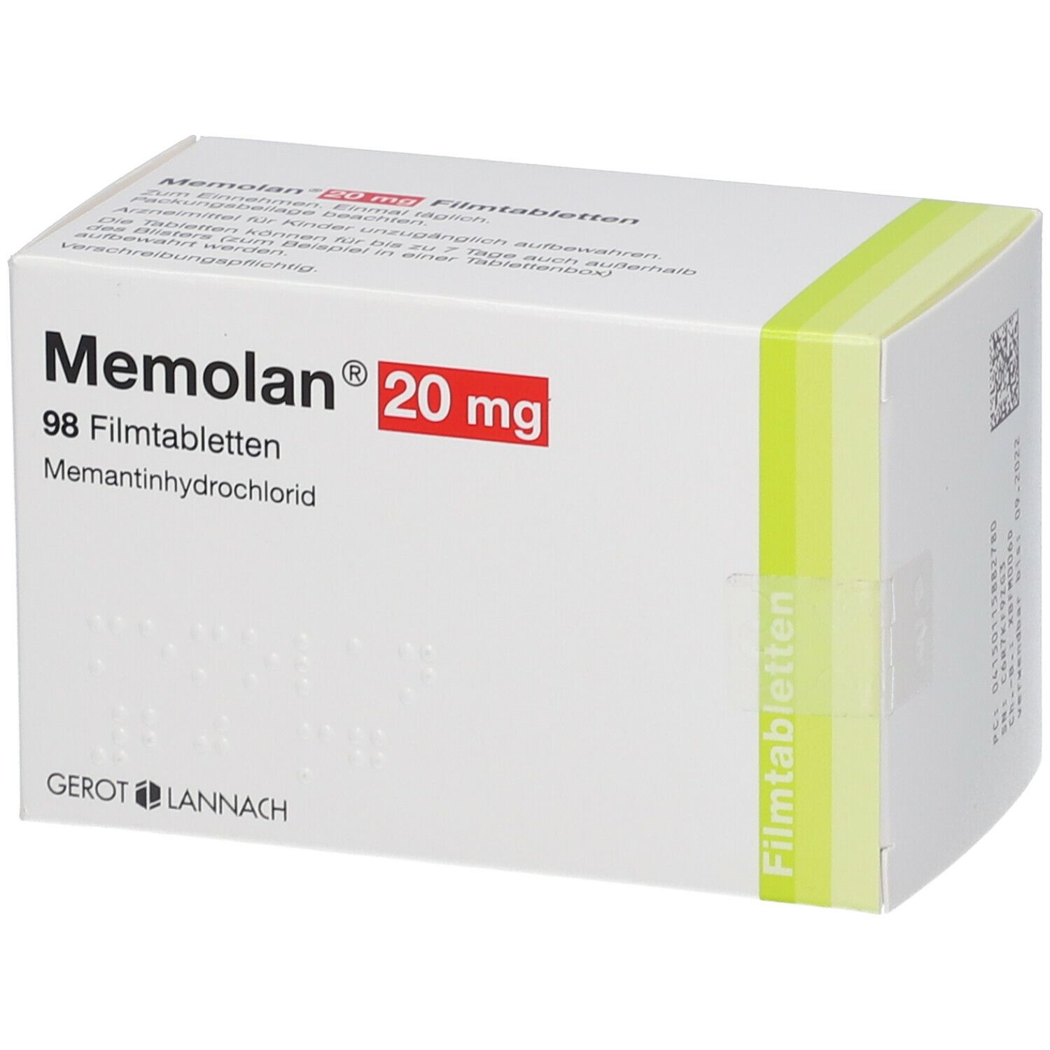 Weiße Schachtel mit Memolan 20 mg Aufdruck. Enthält 98 Filmtabletten. Gerot Lannach Logo. Grüne Markierung.