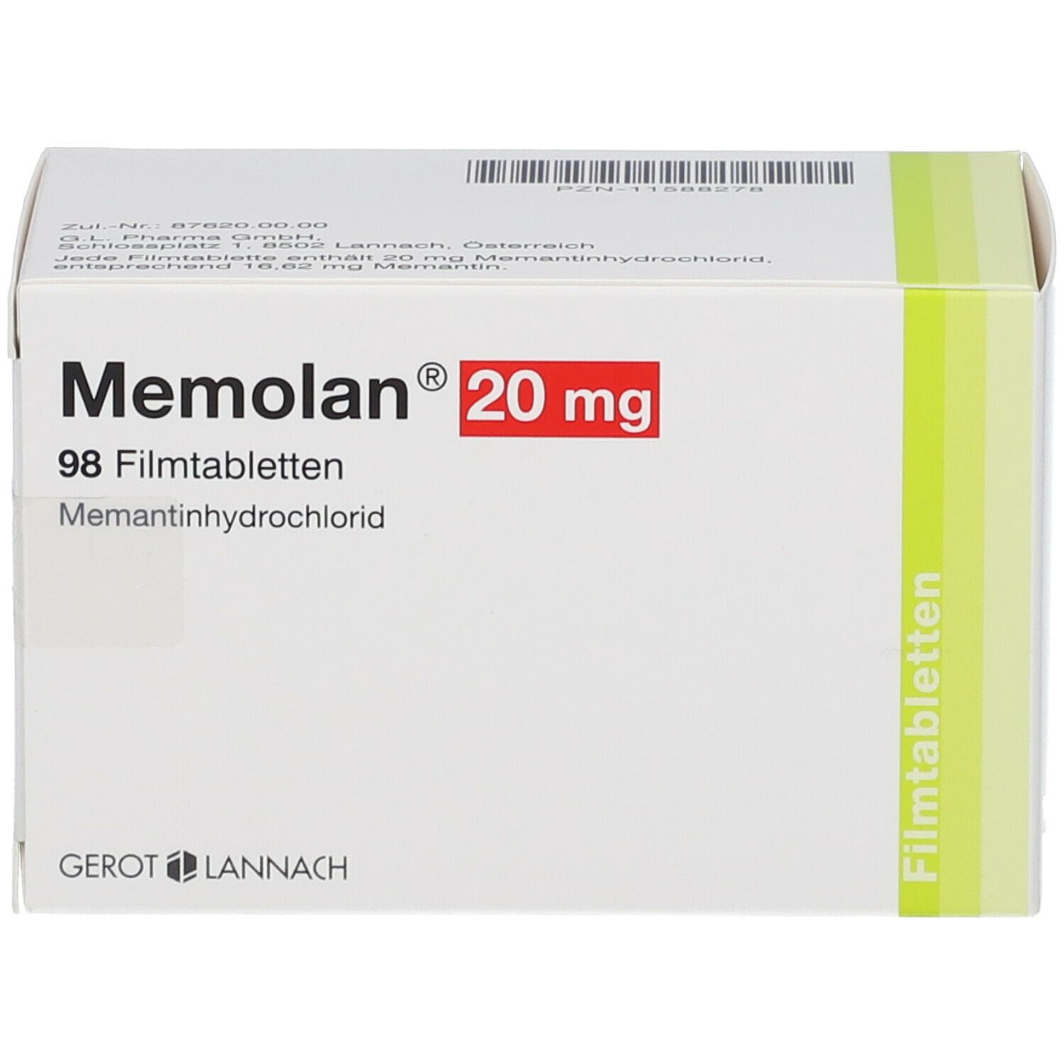 Weiße Schachtel mit Memolan 20 mg Aufdruck. Enthält 98 Filmtabletten. Gerot Lannach Logo. Grüne Markierung.
