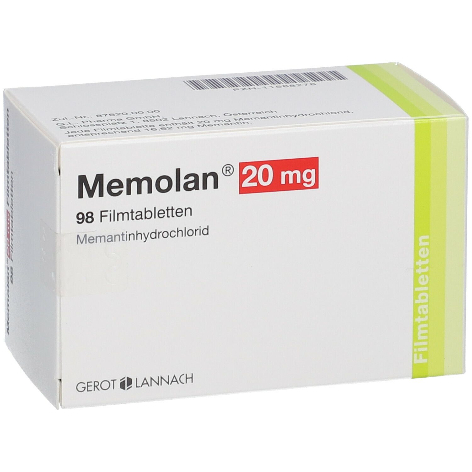 Weiße Schachtel mit Memolan 20 mg Aufdruck. Enthält 98 Filmtabletten. Gerot Lannach Logo. Grüne Markierung.
