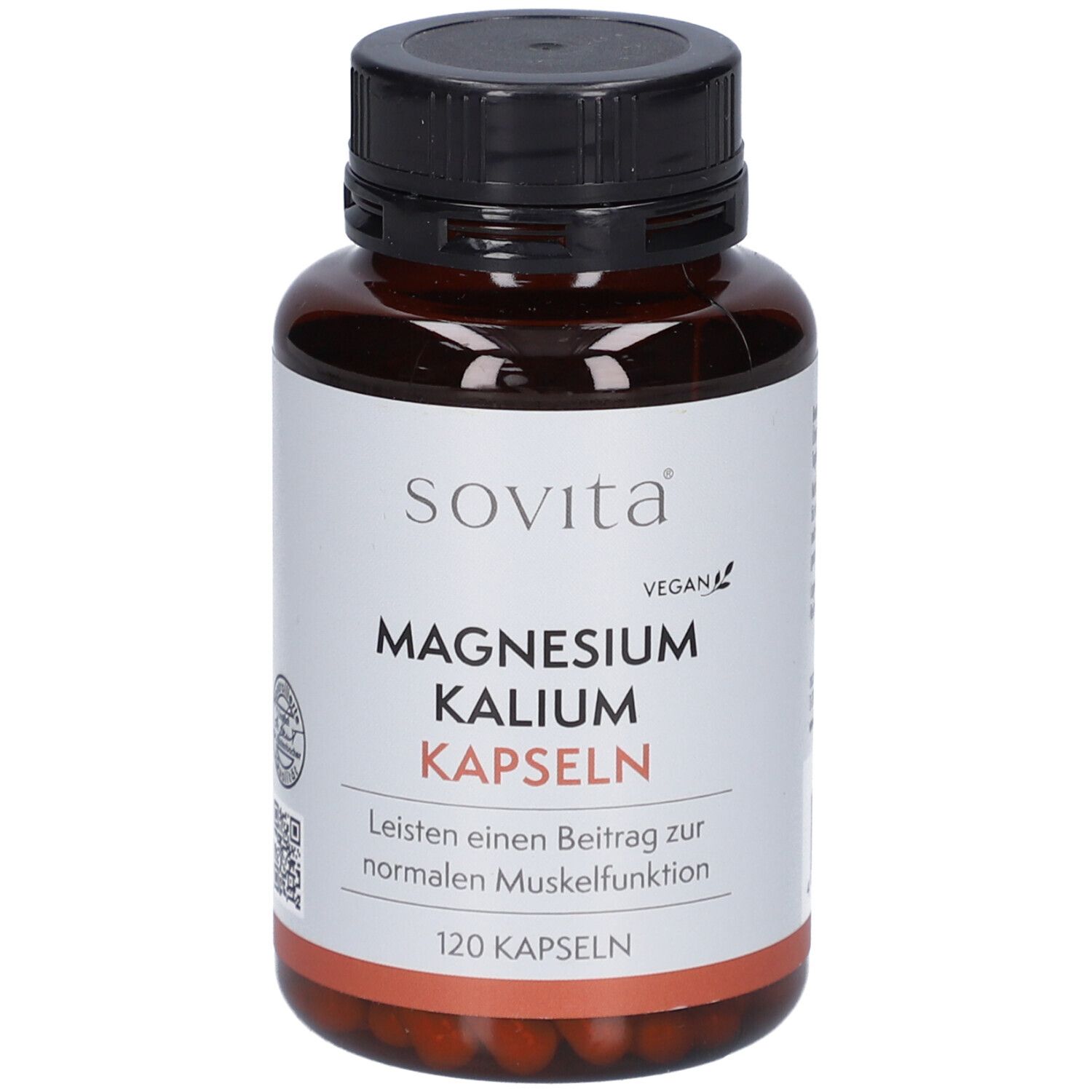 Braune Flasche mit schwarzen Deckel. Aufschrift: Sovita Magnesium Kalium Kapseln. 120 Kapseln.