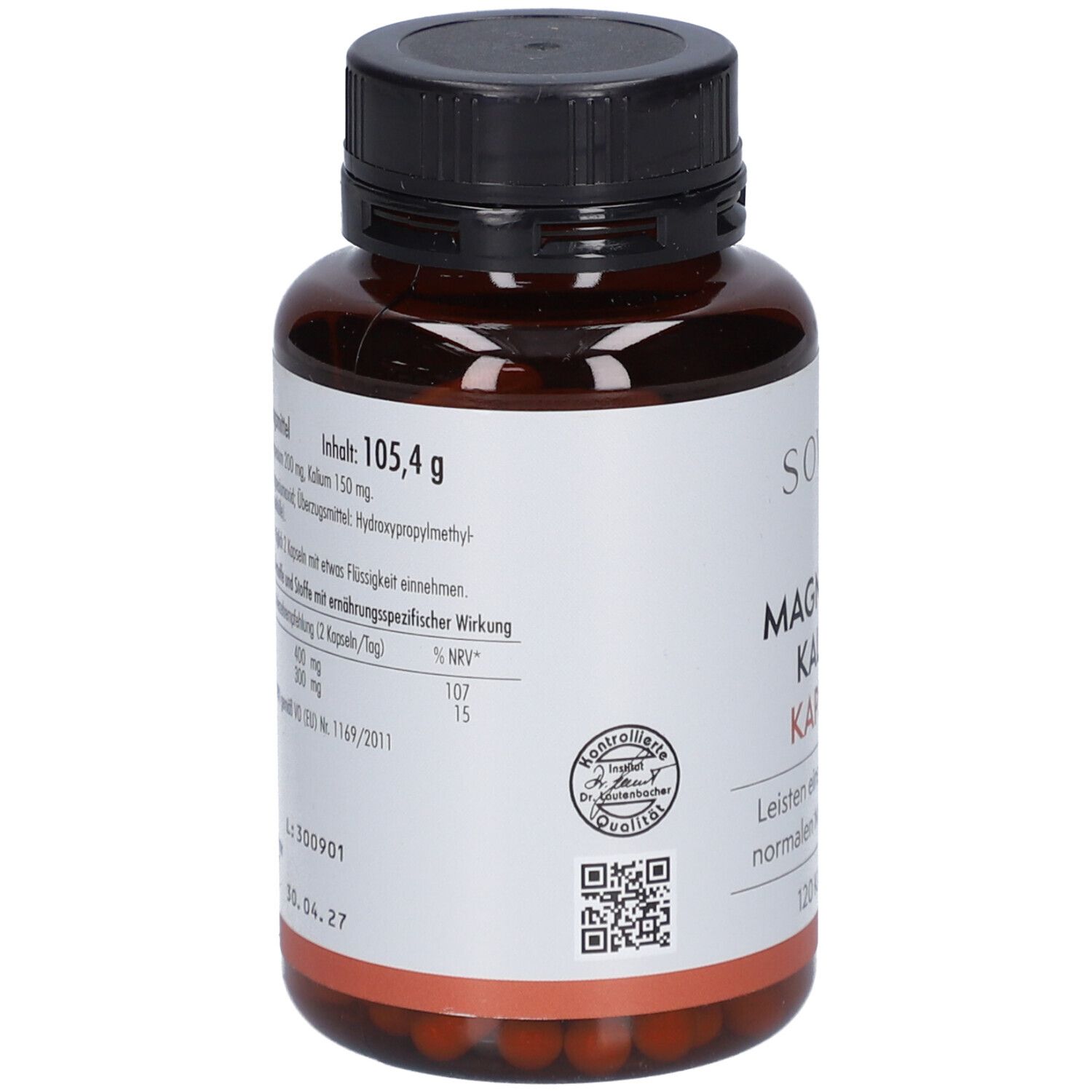 Rückseite der Flasche. Enthält Informationen zu Inhaltsstoffen und Nährwerten. Aufschrift: Sovita Magnesium Kalium Kapseln.