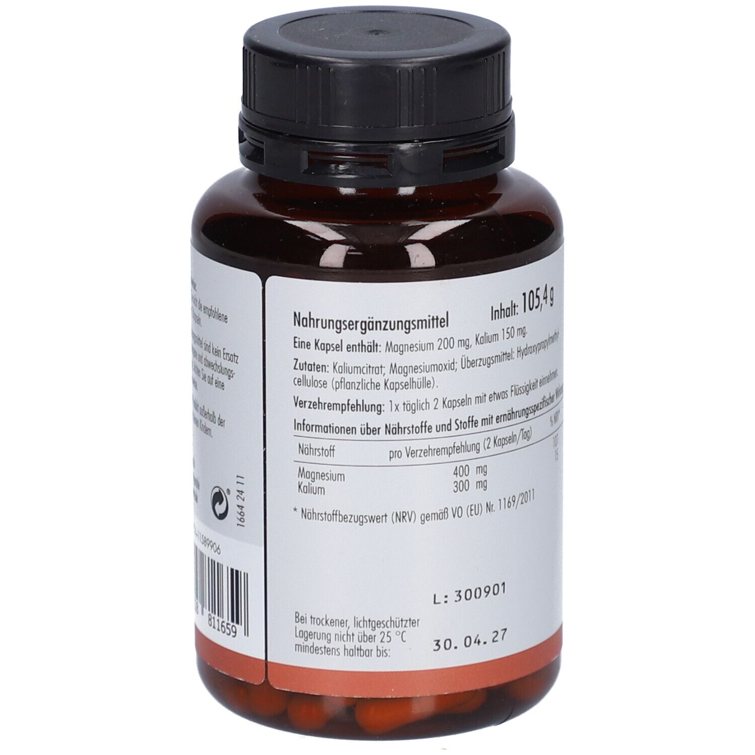 Rückseite der Flasche. Enthält Informationen zu Inhaltsstoffen und Nährwerten. Aufschrift: Sovita Magnesium Kalium Kapseln.