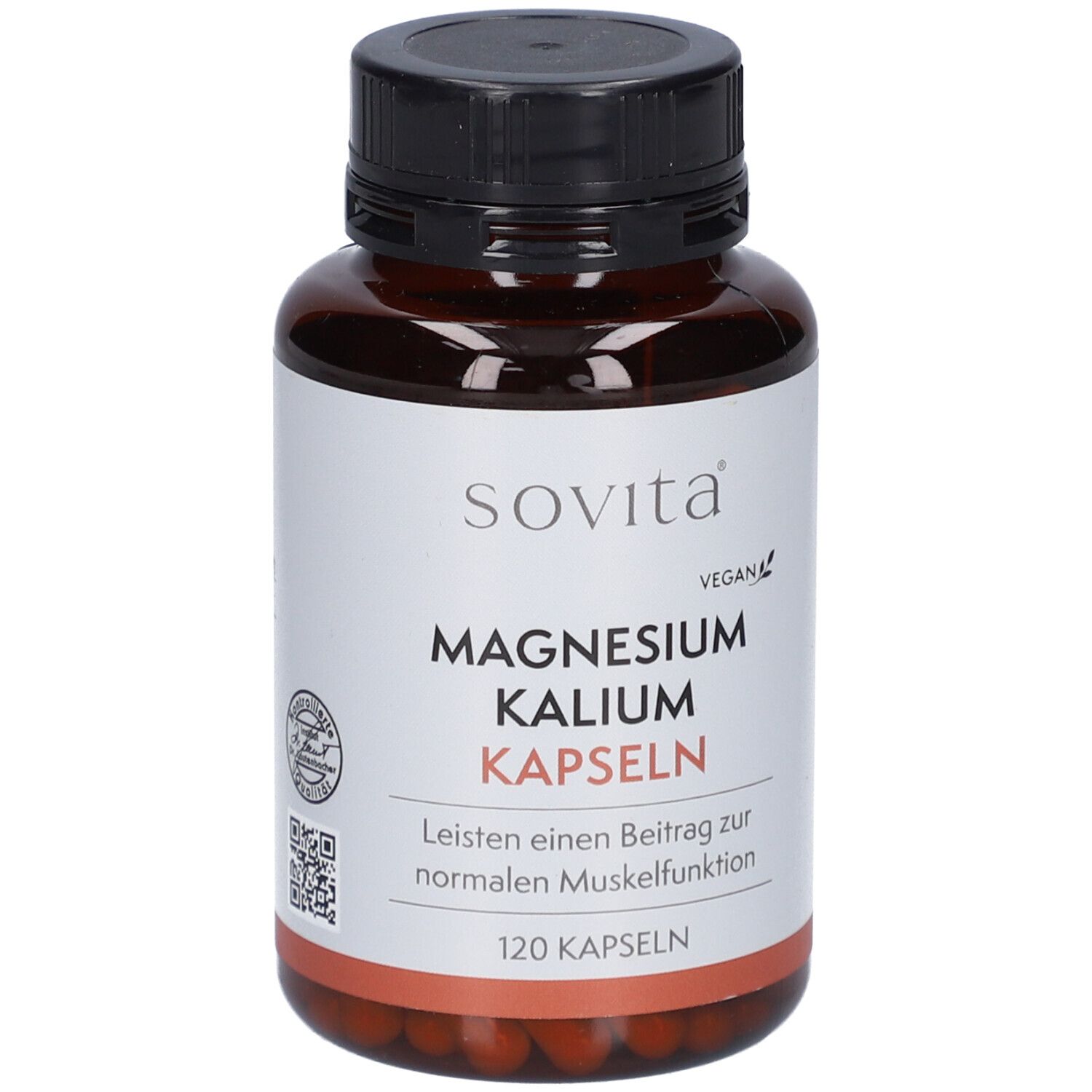 Braune Flasche mit schwarzen Deckel. Aufschrift: Sovita Magnesium Kalium Kapseln. 120 Kapseln.