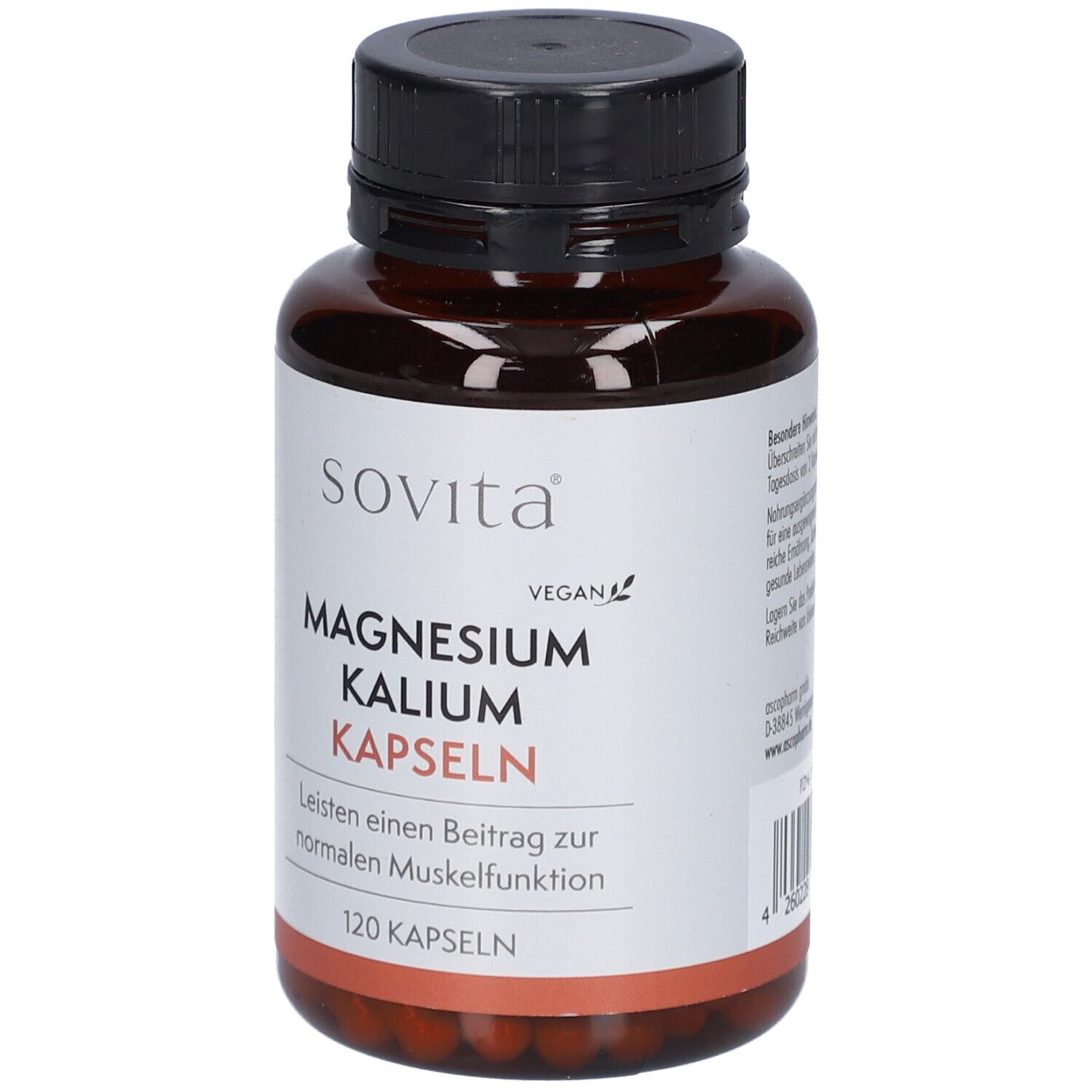 Braune Flasche mit schwarzen Deckel. Aufschrift: Sovita Magnesium Kalium Kapseln. 120 Kapseln.