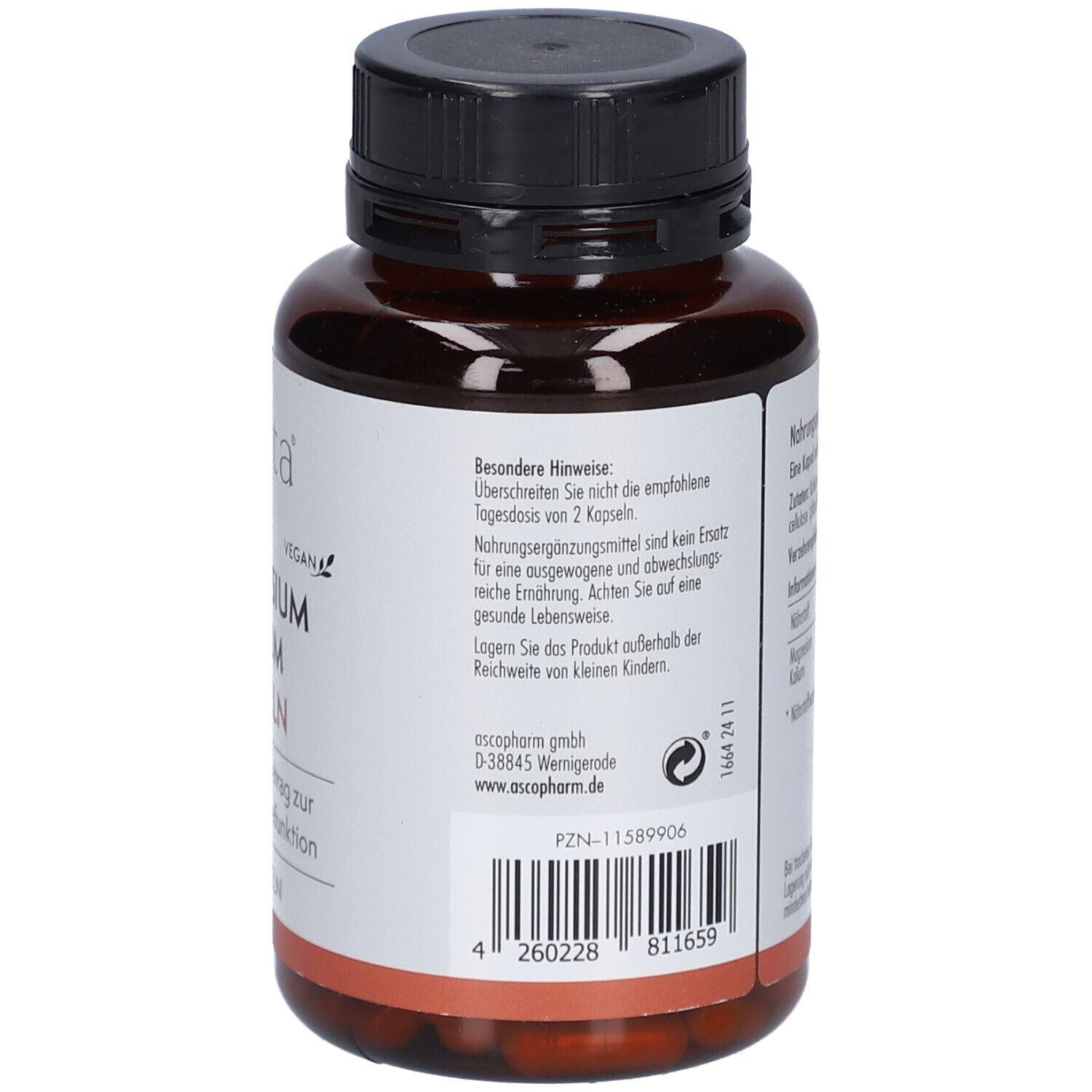 Rückseite der Flasche. Enthält Informationen zu Inhaltsstoffen und Nährwerten. Aufschrift: Sovita Magnesium Kalium Kapseln.