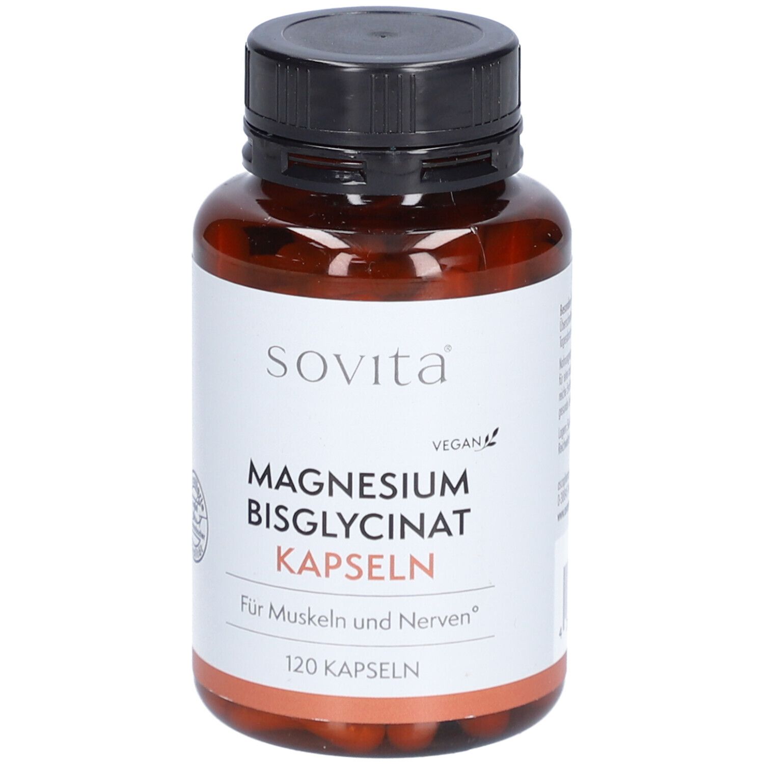 Braune Flasche mit schwarzen Deckel. Aufschrift: Sovita, Magnesium Bisglycinat Kapseln, 120 Kapseln.