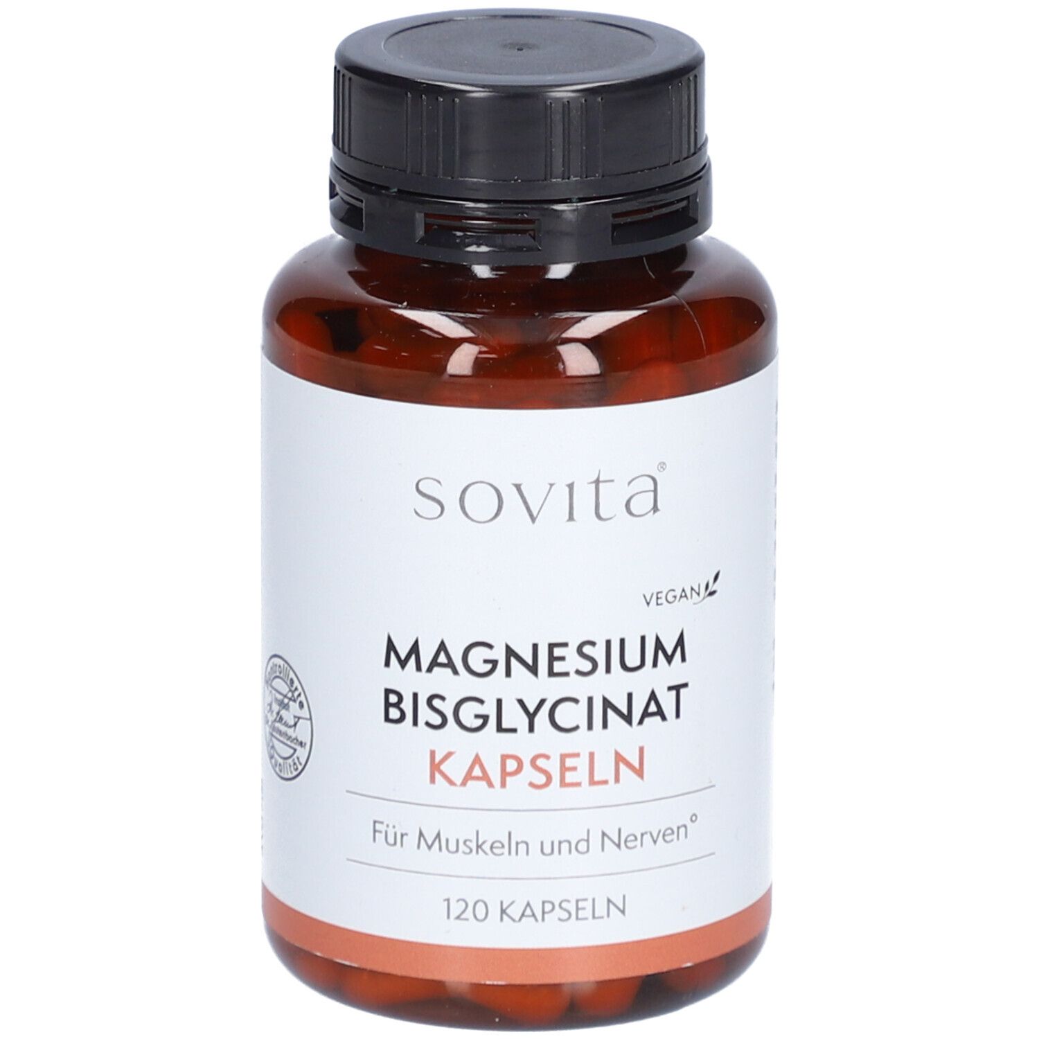 Braune Flasche mit schwarzem Deckel. Aufschrift: Sovita, Magnesium Bisglycinat Kapseln, 120 Kapseln.