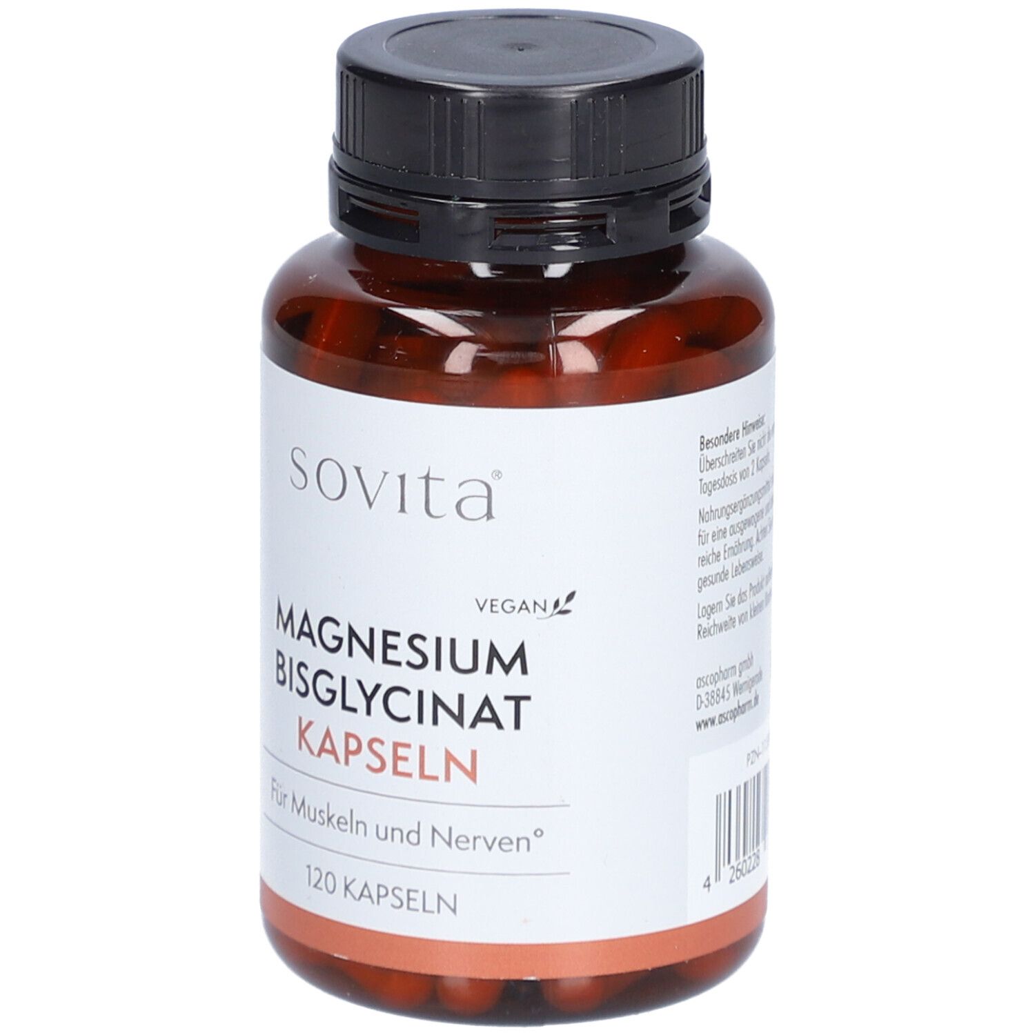 Braune Flasche mit schwarzem Deckel. Aufschrift: Sovita, Magnesium Bisglycinat Kapseln, 120 Kapseln.