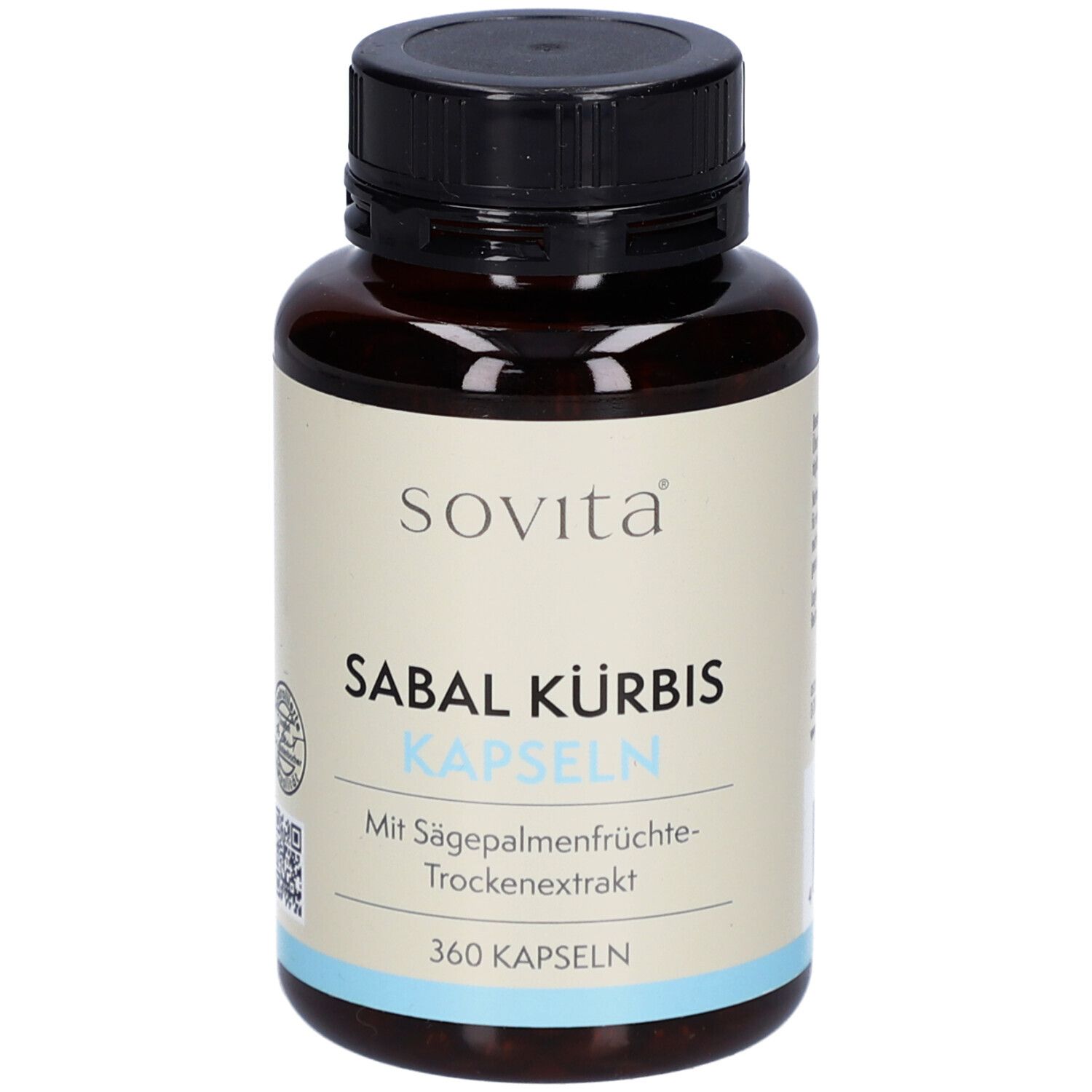 Braune Flasche mit schwarzen Deckel. Aufschrift: Sovita, Sabal Kürbis Kapseln, 360 Kapseln. Mit Sägepalmenfrüchte-Trockenextrakt.