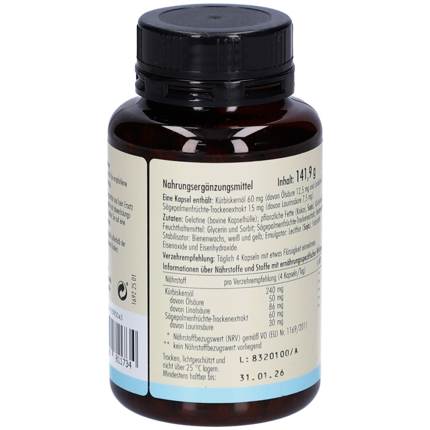 Rückseite der Flasche. Aufschrift: Nahrungsergänzungsmittel, Inhaltsstoffe, Verzehrempfehlung, Nährwertangaben. Mindesthaltbarkeitsdatum.