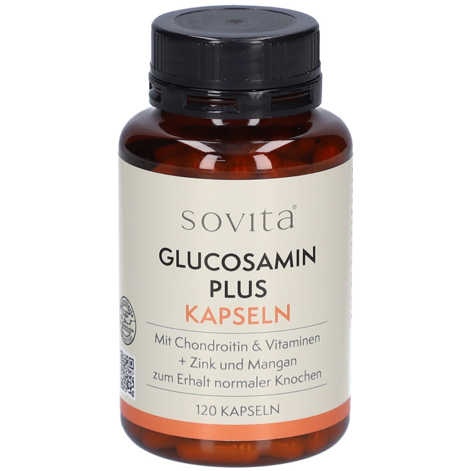 Braune Flasche mit schwarzen Deckel. Etikett mit "sovita Glucosamin Plus Kapseln". 120 Kapseln. Mit Chondroitin, Vitaminen, Zink & Mangan.