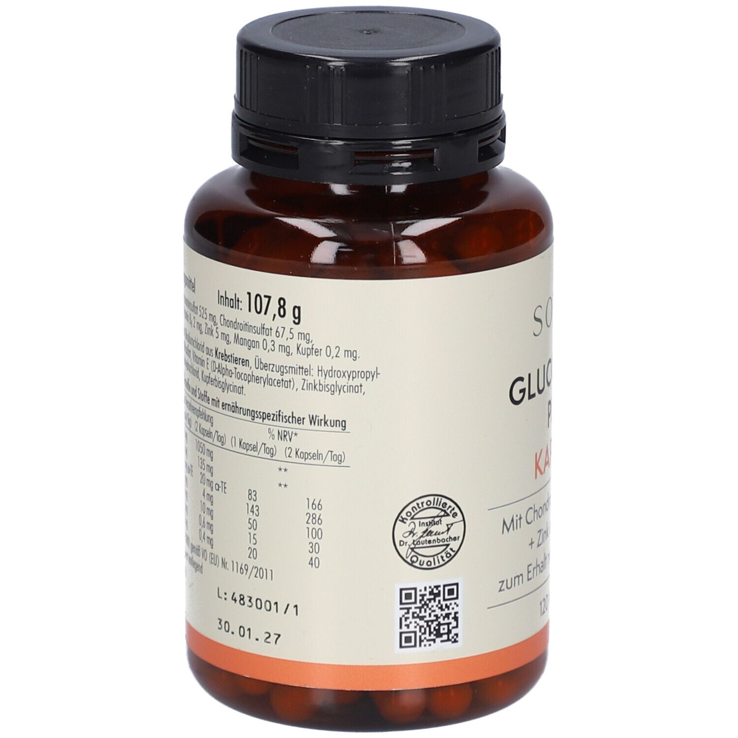 Braune Flasche, Etikett mit Inhaltsstoffen und Nährwertangaben. "sovita Glucosamin Plus Kapseln". Kontrollierte Qualität Siegel. QR-Code.