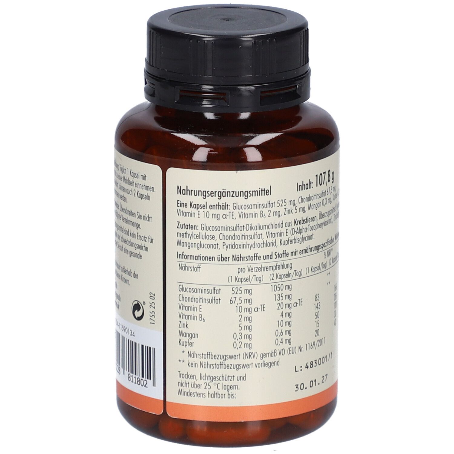 Braune Flasche, Etikett mit Inhaltsstoffen und Nährwertangaben. "sovita Glucosamin Plus Kapseln". Nährwertangaben pro Kapsel und 2 Kapseln.