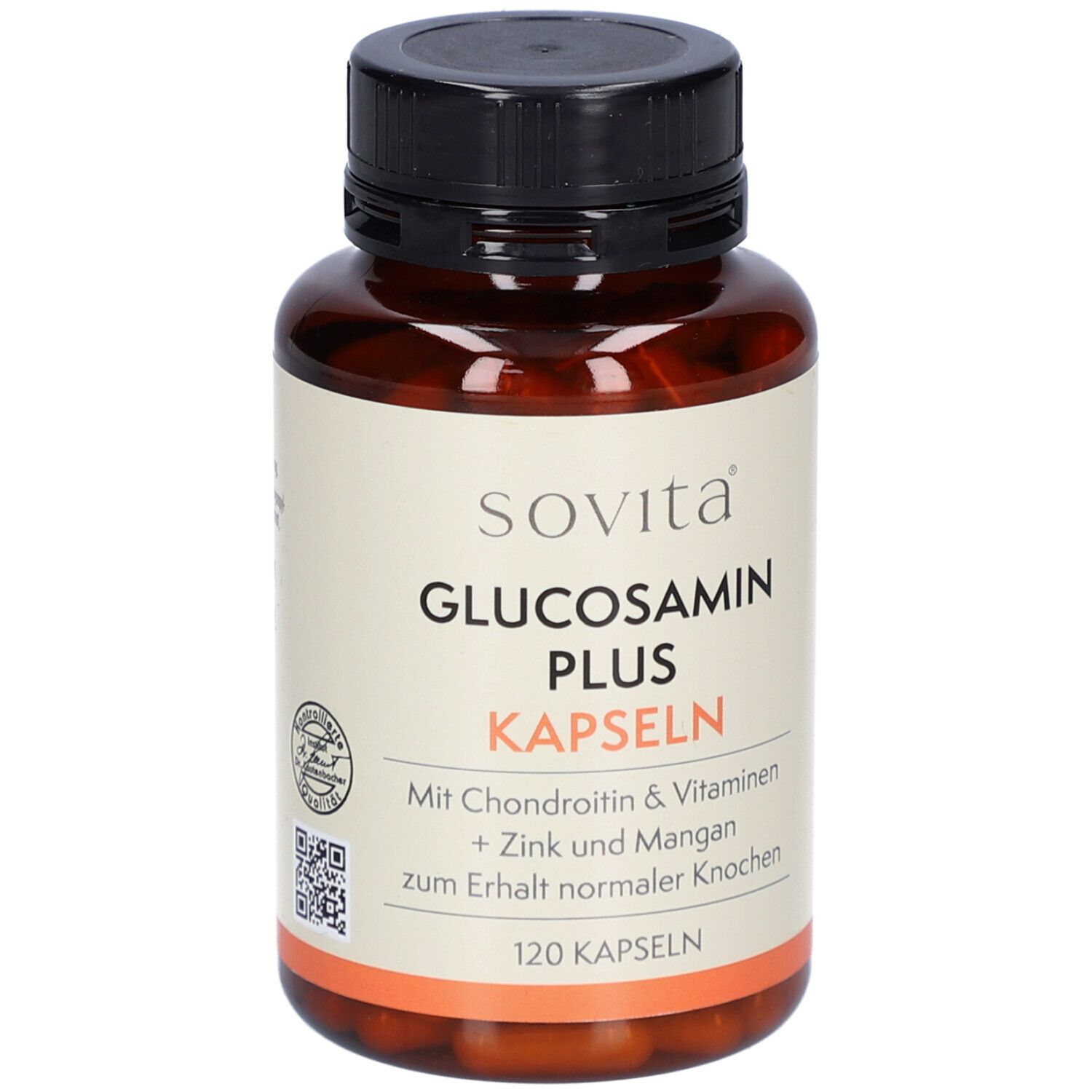 Braune Flasche mit schwarzen Deckel. Etikett mit "sovita Glucosamin Plus Kapseln". 120 Kapseln. Mit Chondroitin, Vitaminen, Zink & Mangan.